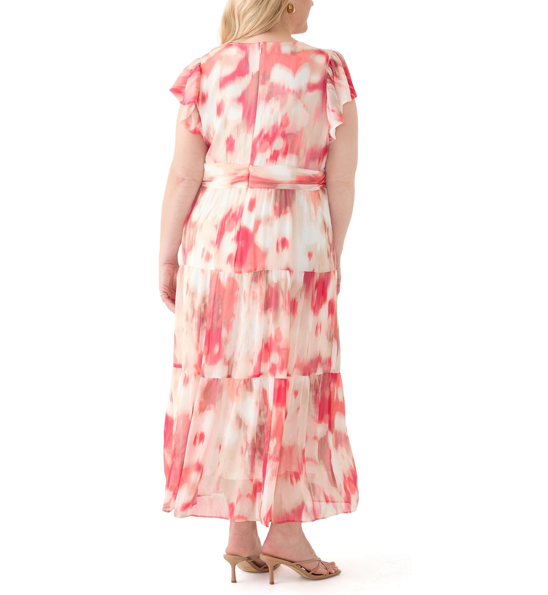 Plus Size Watercolor Printed Chiffon Fit and Flare Maxi Dress