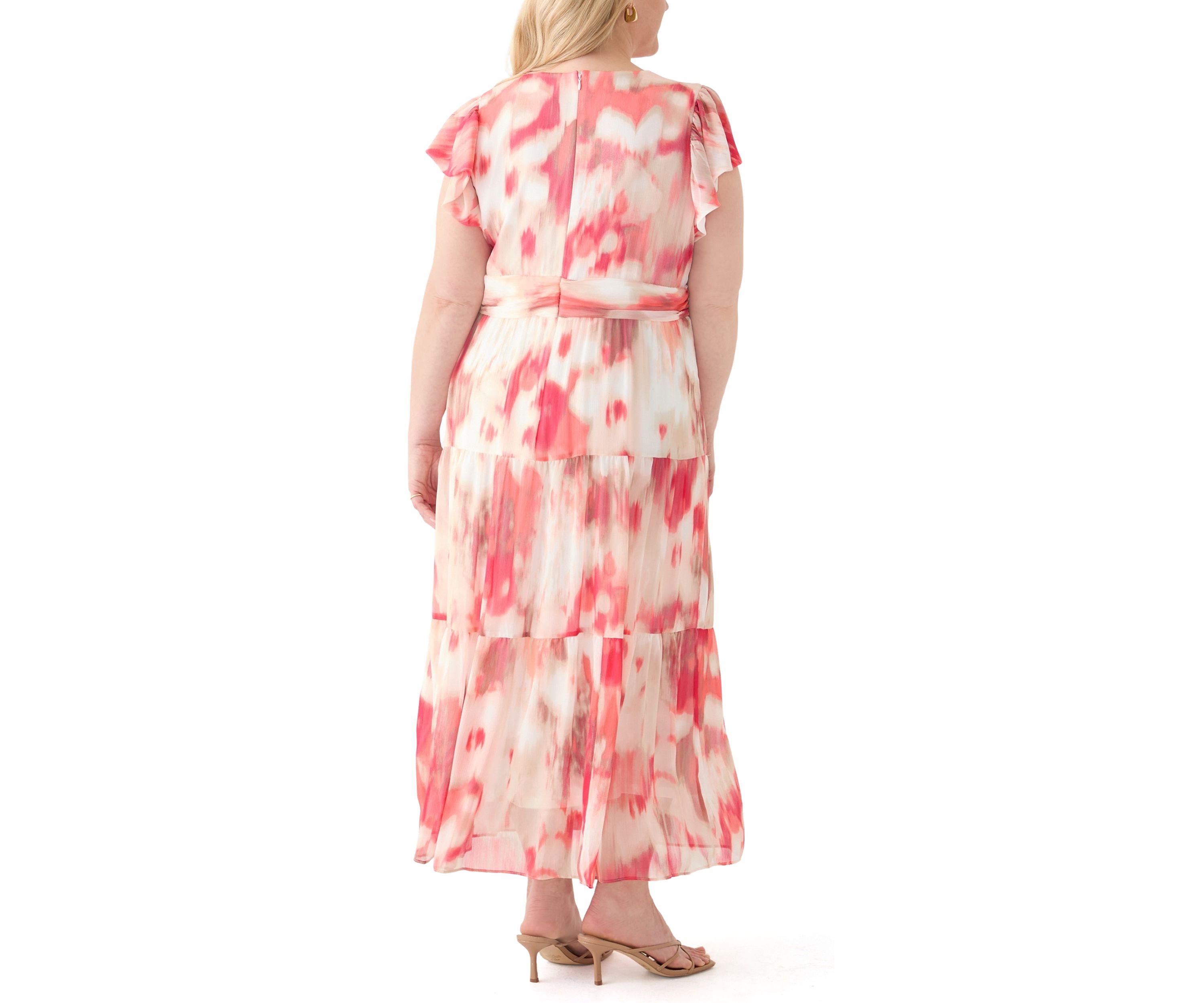 Plus Size Watercolor Printed Chiffon Fit and Flare Maxi Dress