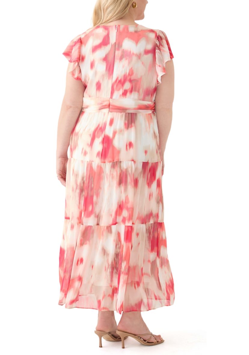 Plus Size Watercolor Printed Chiffon Fit and Flare Maxi Dress