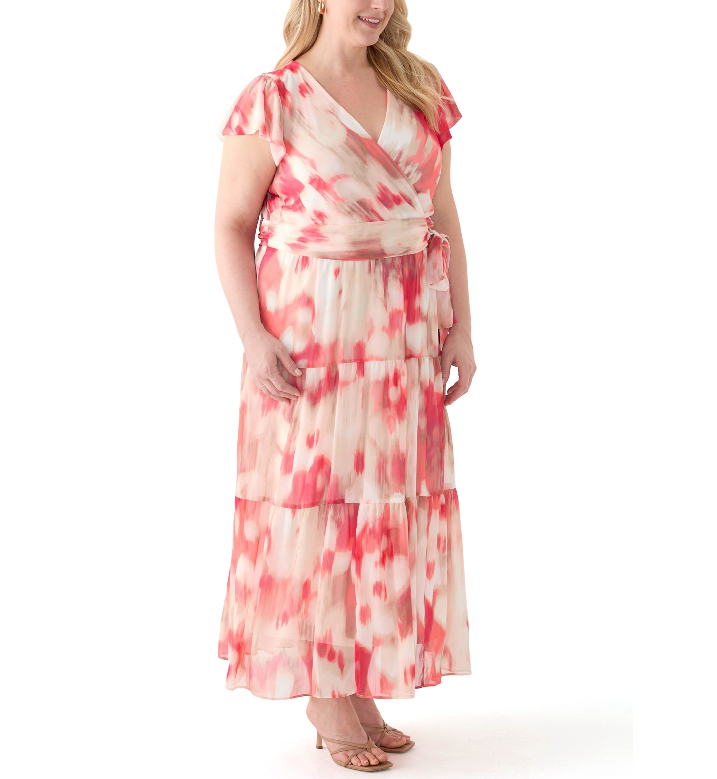 Plus Size Watercolor Printed Chiffon Fit and Flare Maxi Dress