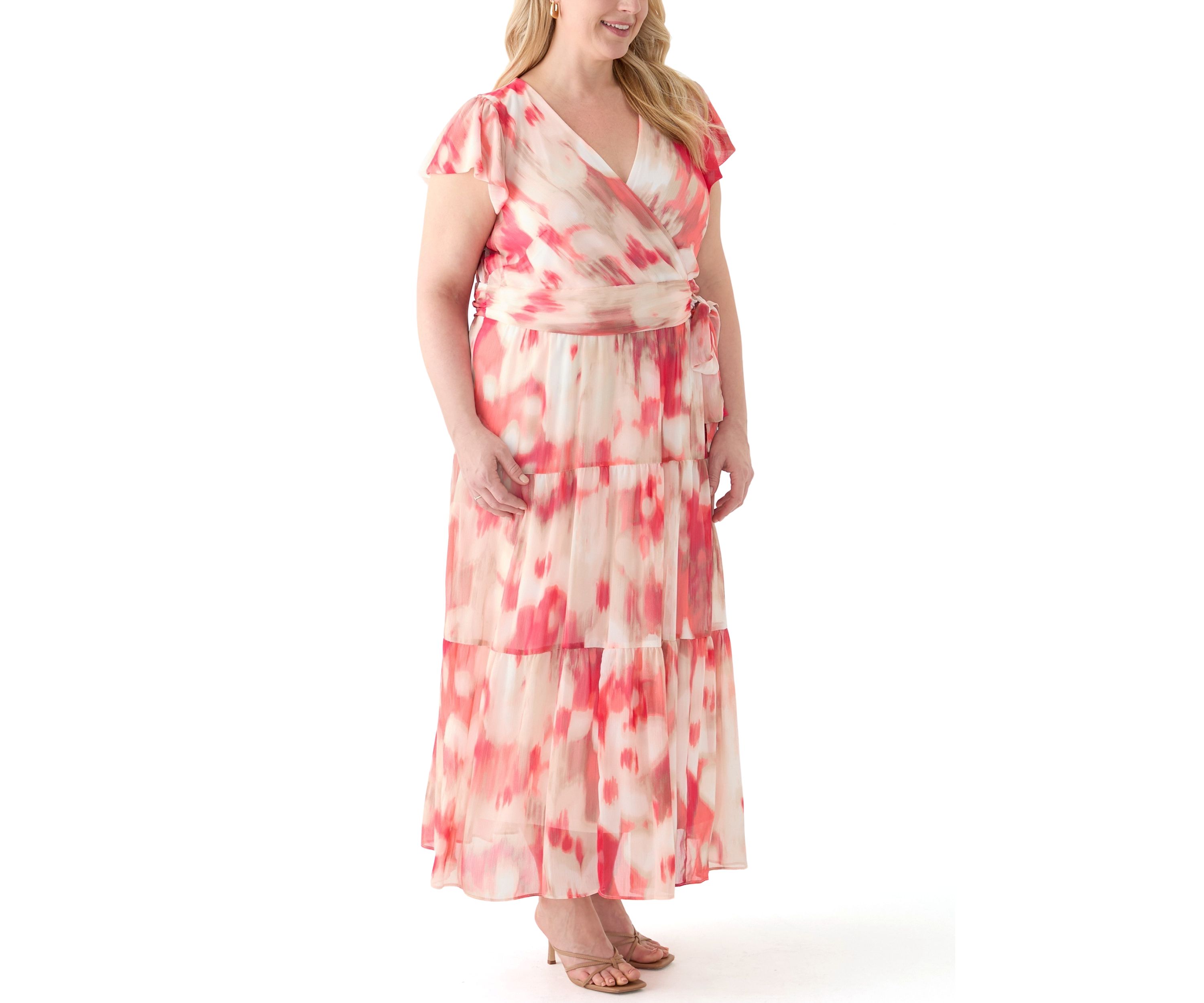 Plus Size Watercolor Printed Chiffon Fit and Flare Maxi Dress