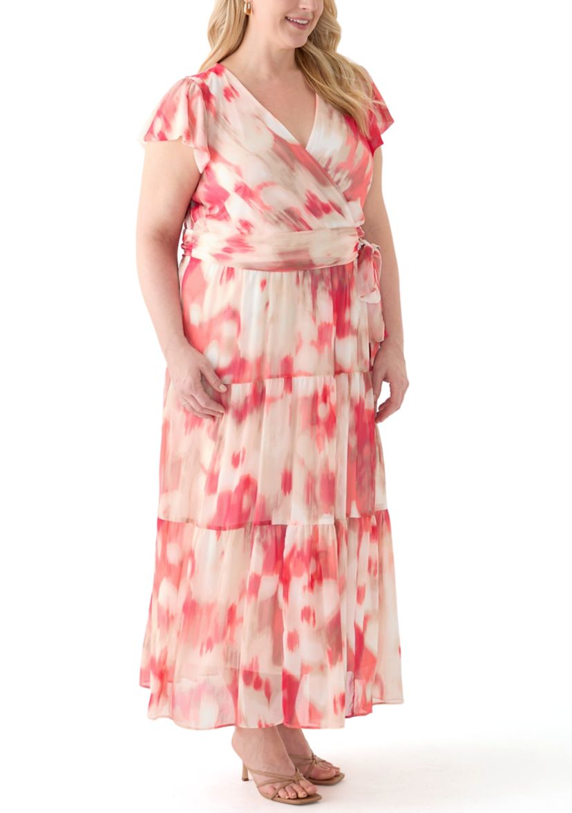 Plus Size Watercolor Printed Chiffon Fit and Flare Maxi Dress