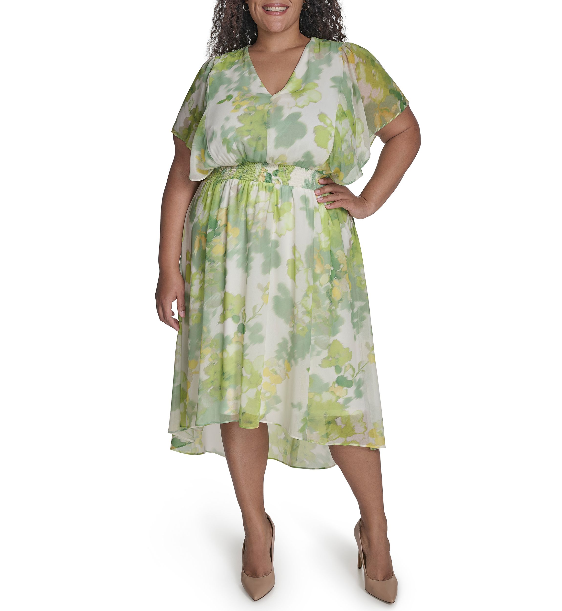 Plus Size Floral Printed Fit and Flare Chiffon Midi Dress