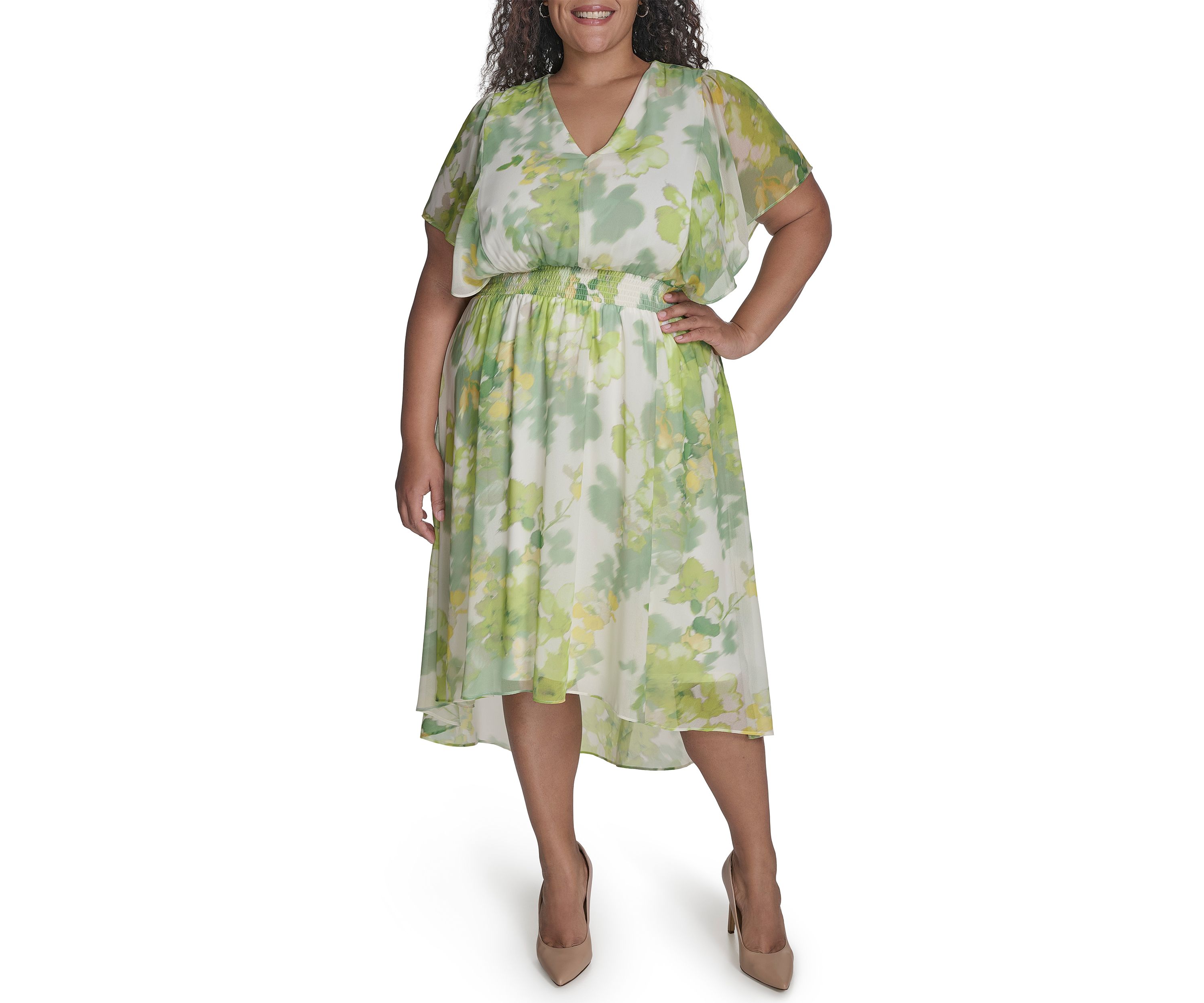 Plus Size Floral Printed Fit and Flare Chiffon Midi Dress