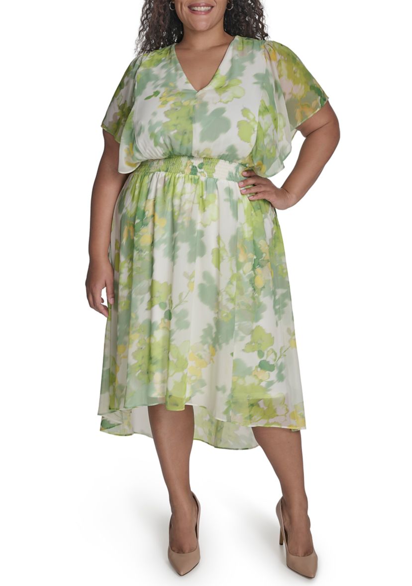 Plus Size Floral Printed Fit and Flare Chiffon Midi Dress