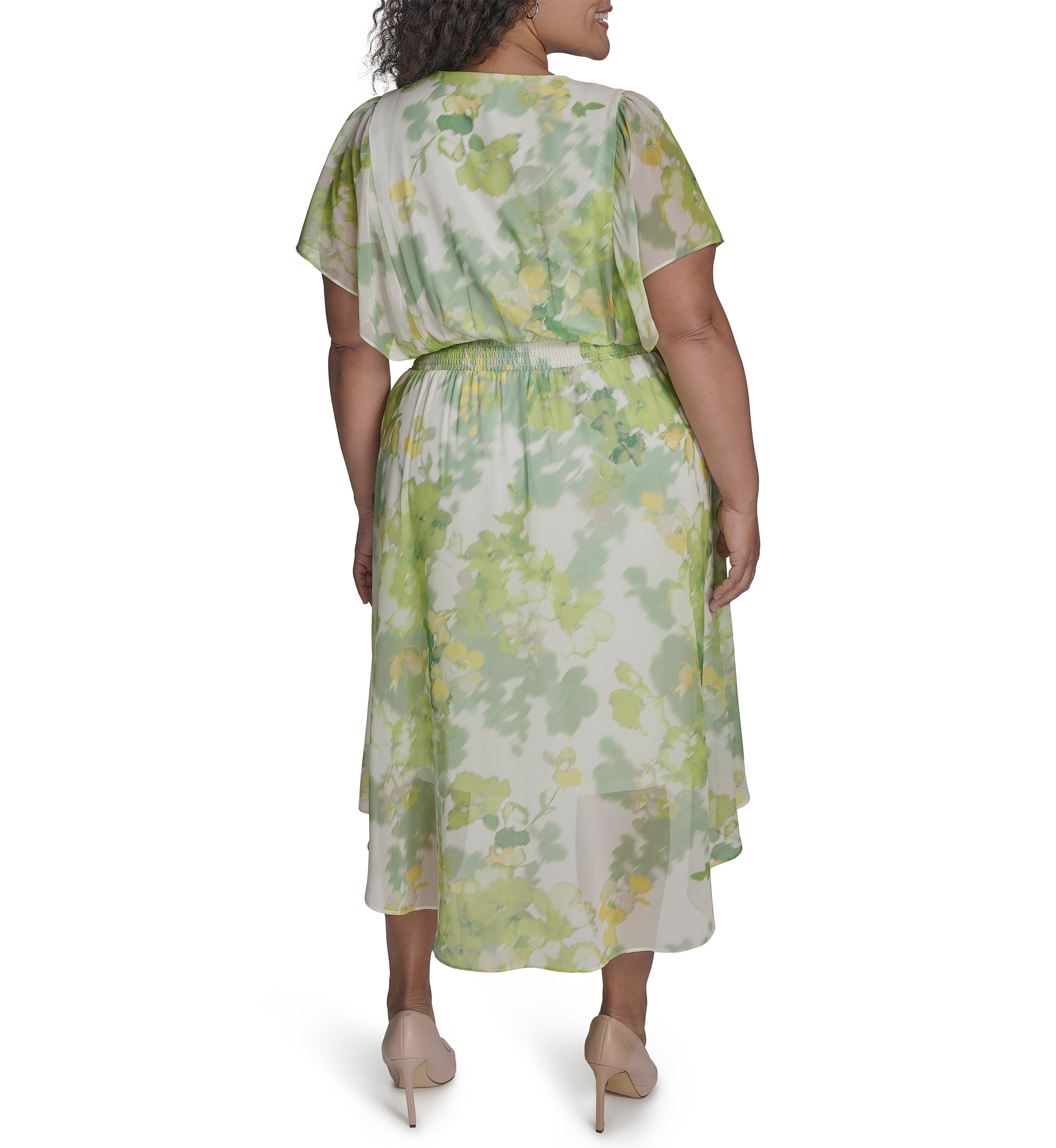 Plus Size Floral Printed Fit and Flare Chiffon Midi Dress