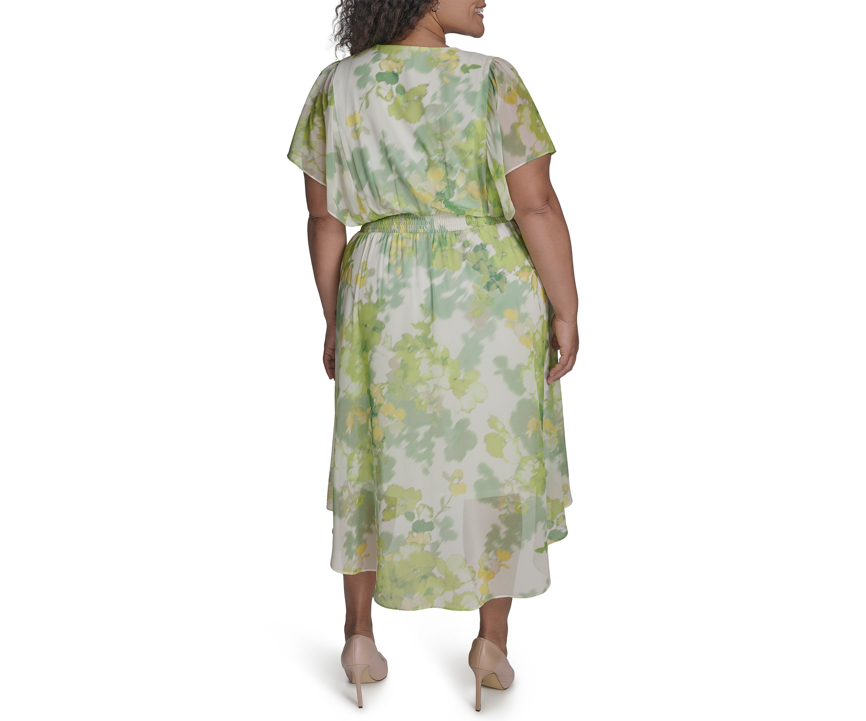Plus Size Floral Printed Fit and Flare Chiffon Midi Dress