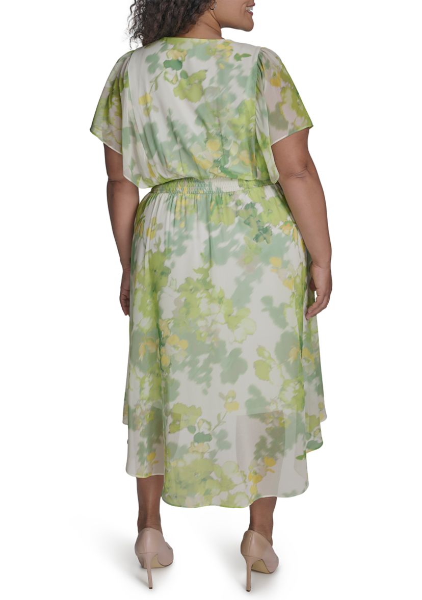 Plus Size Floral Printed Fit and Flare Chiffon Midi Dress