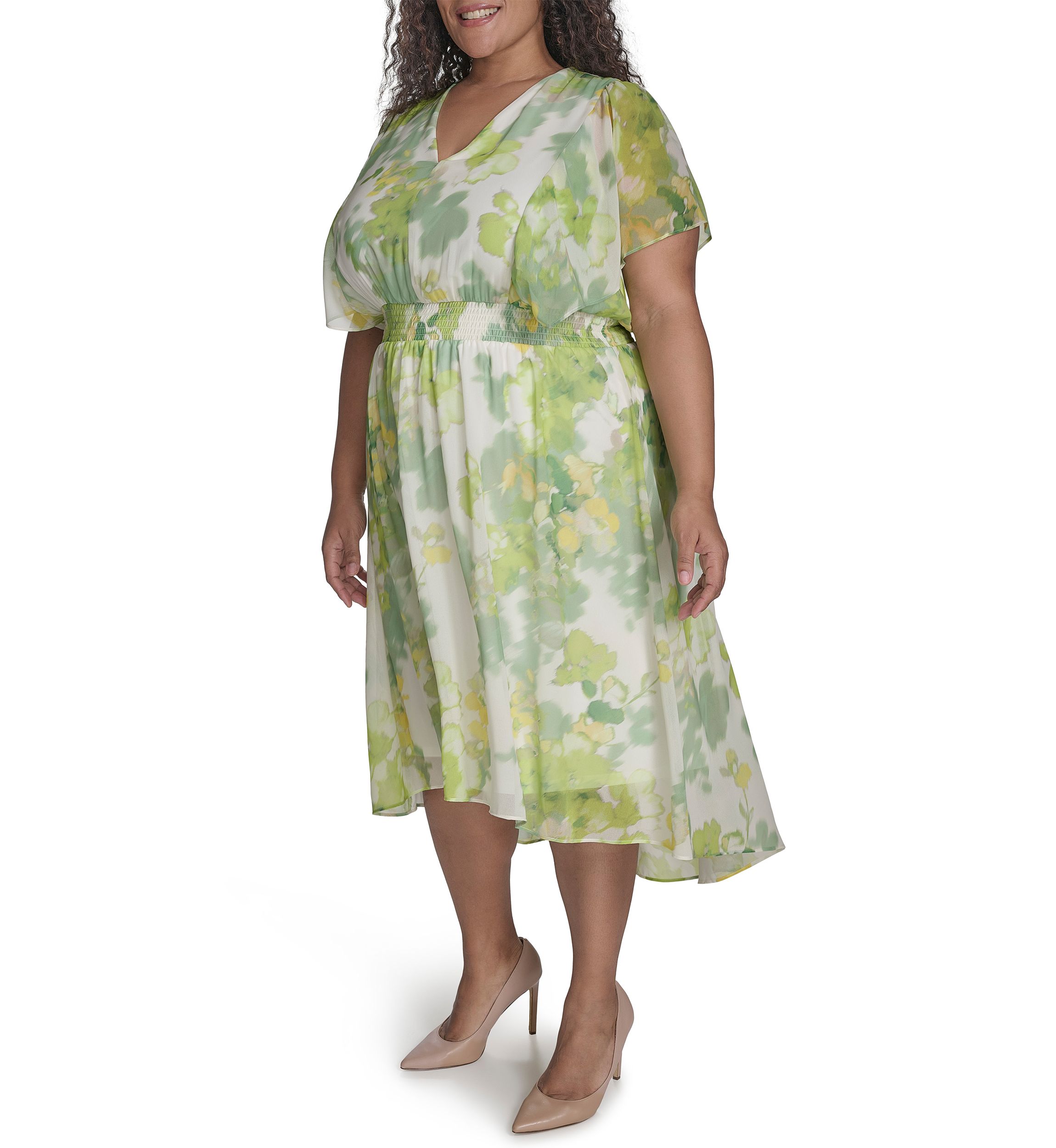 Plus Size Floral Printed Fit and Flare Chiffon Midi Dress