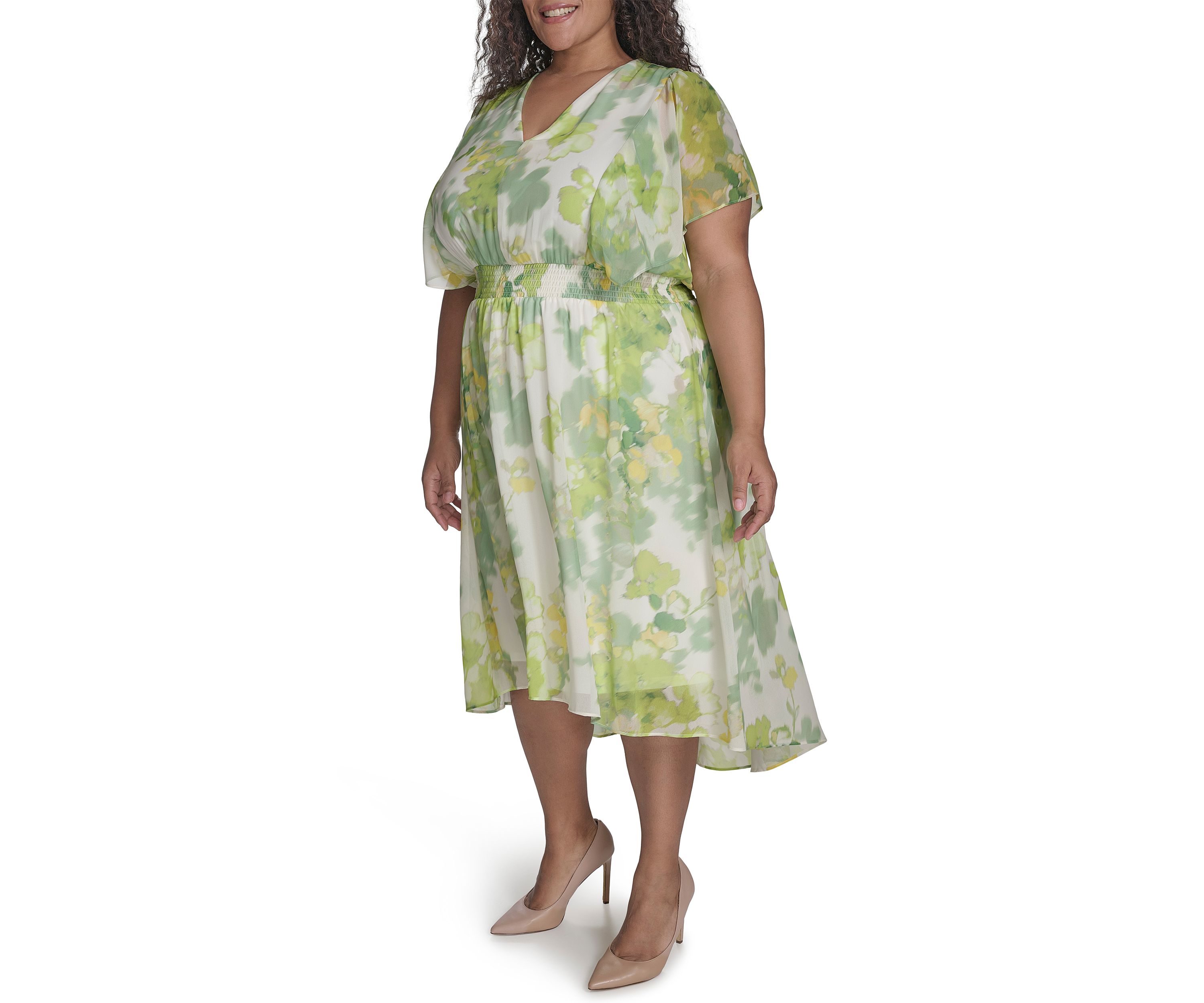 Plus Size Floral Printed Fit and Flare Chiffon Midi Dress
