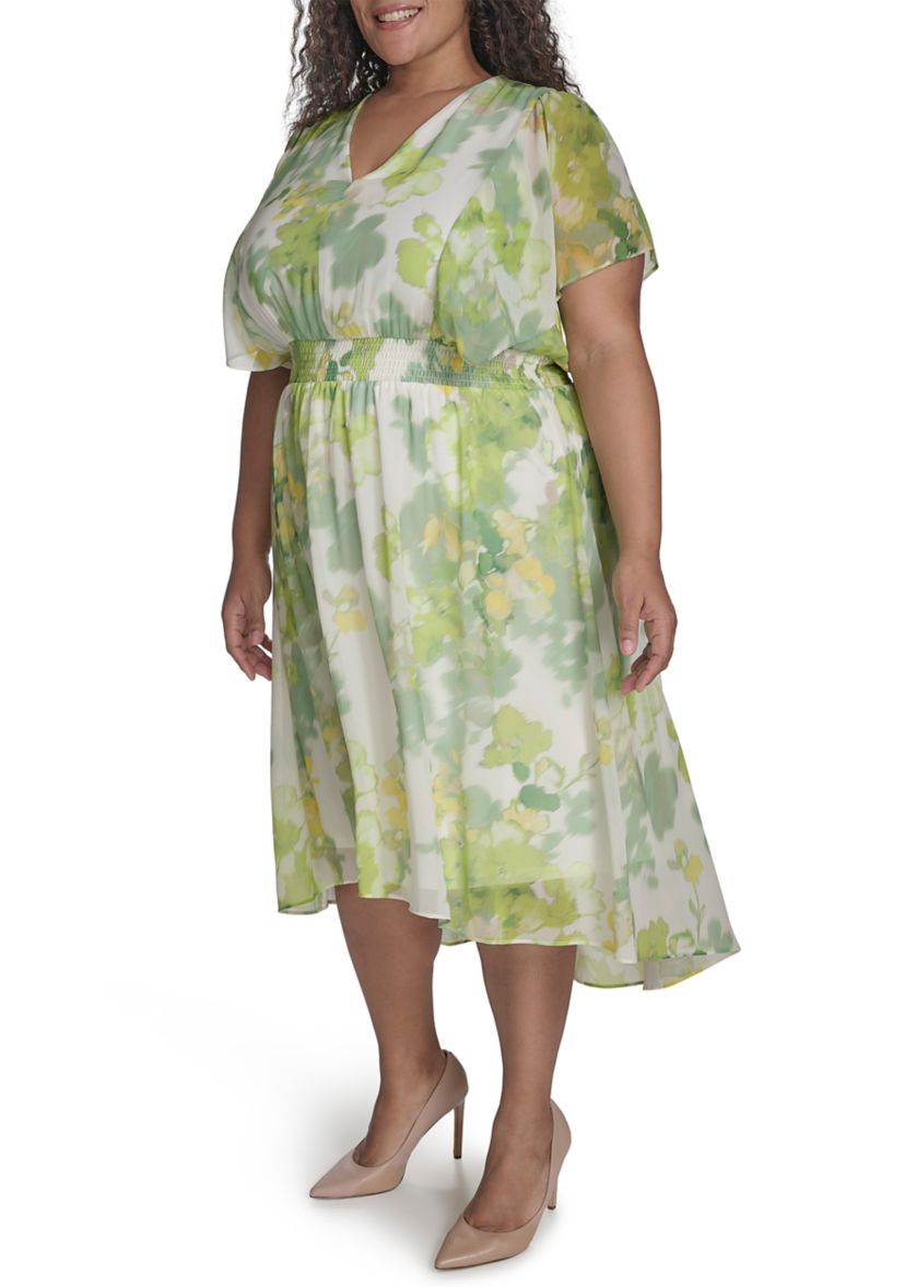 Plus Size Floral Printed Fit and Flare Chiffon Midi Dress