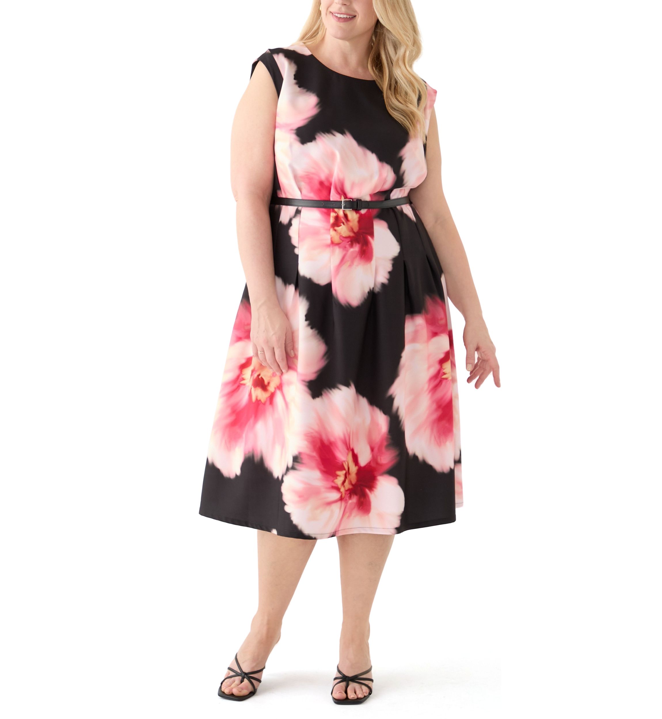 Plus Size Floral Printed Belted A-Line Dress