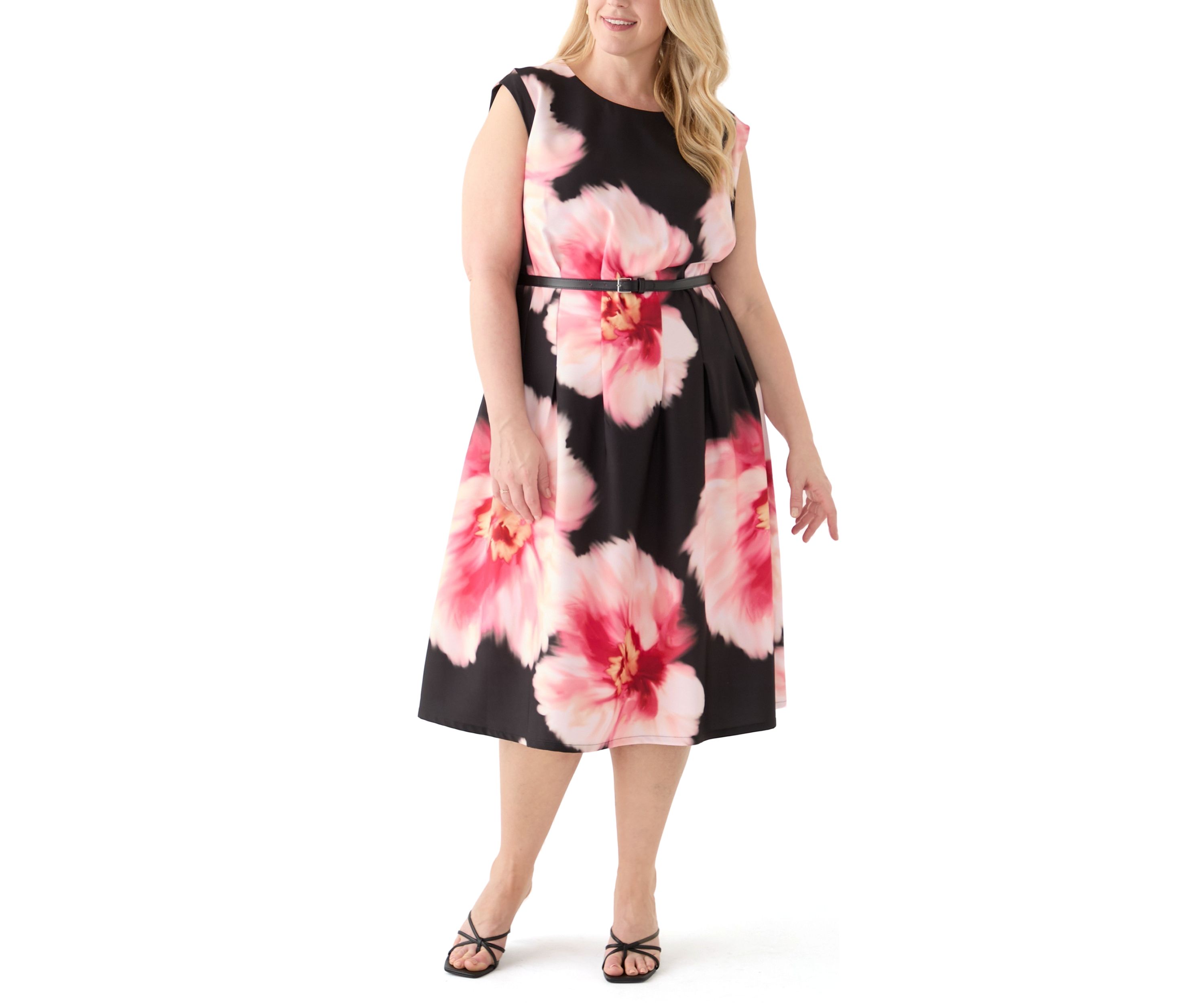 Plus Size Floral Printed Belted A-Line Dress