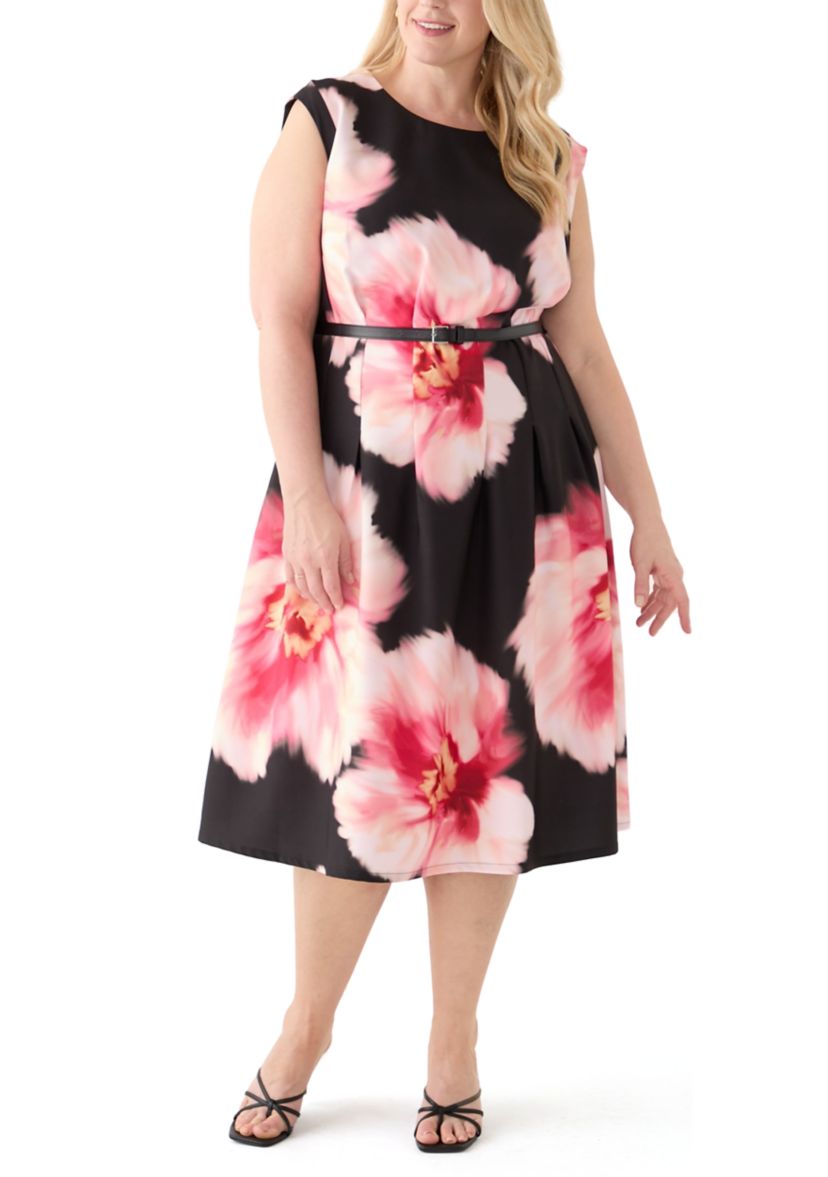 Plus Size Floral Printed Belted A-Line Dress