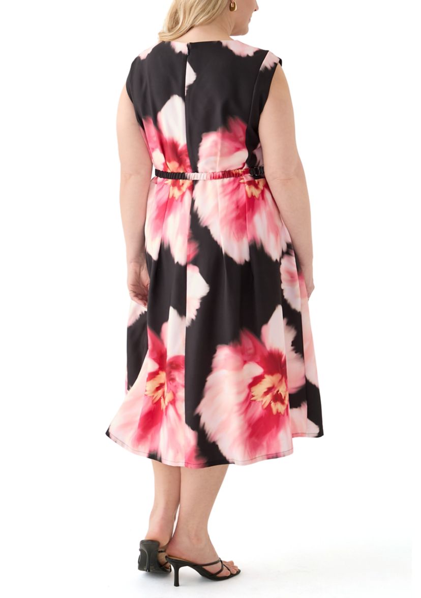 Plus Size Floral Printed Belted A-Line Dress