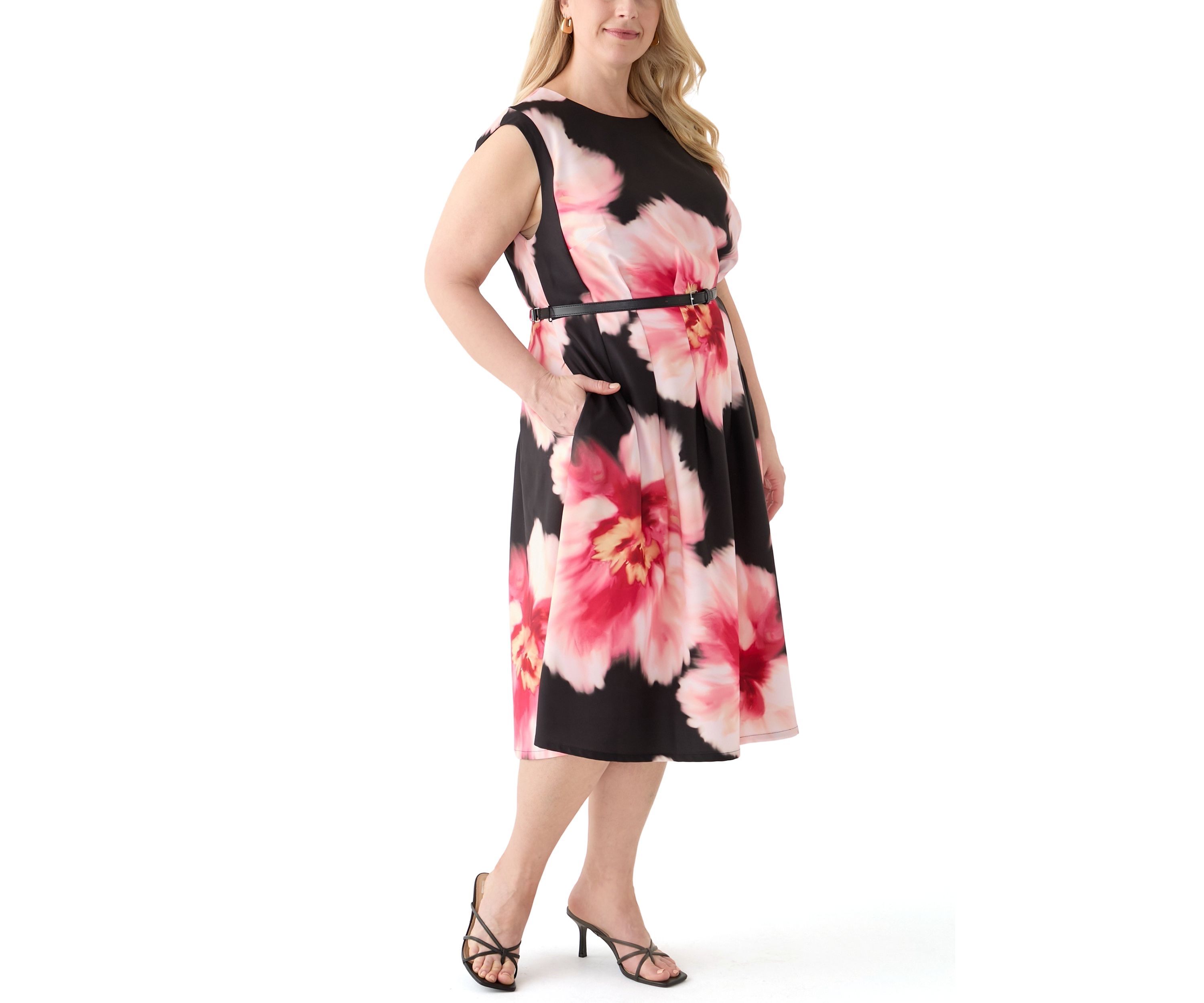 Plus Size Floral Printed Belted A-Line Dress