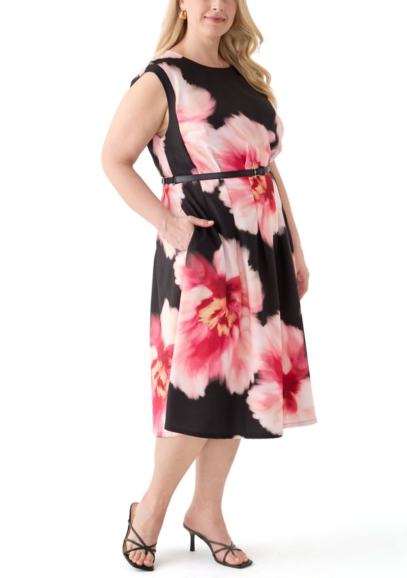 Plus Size Floral Printed Belted A-Line Dress