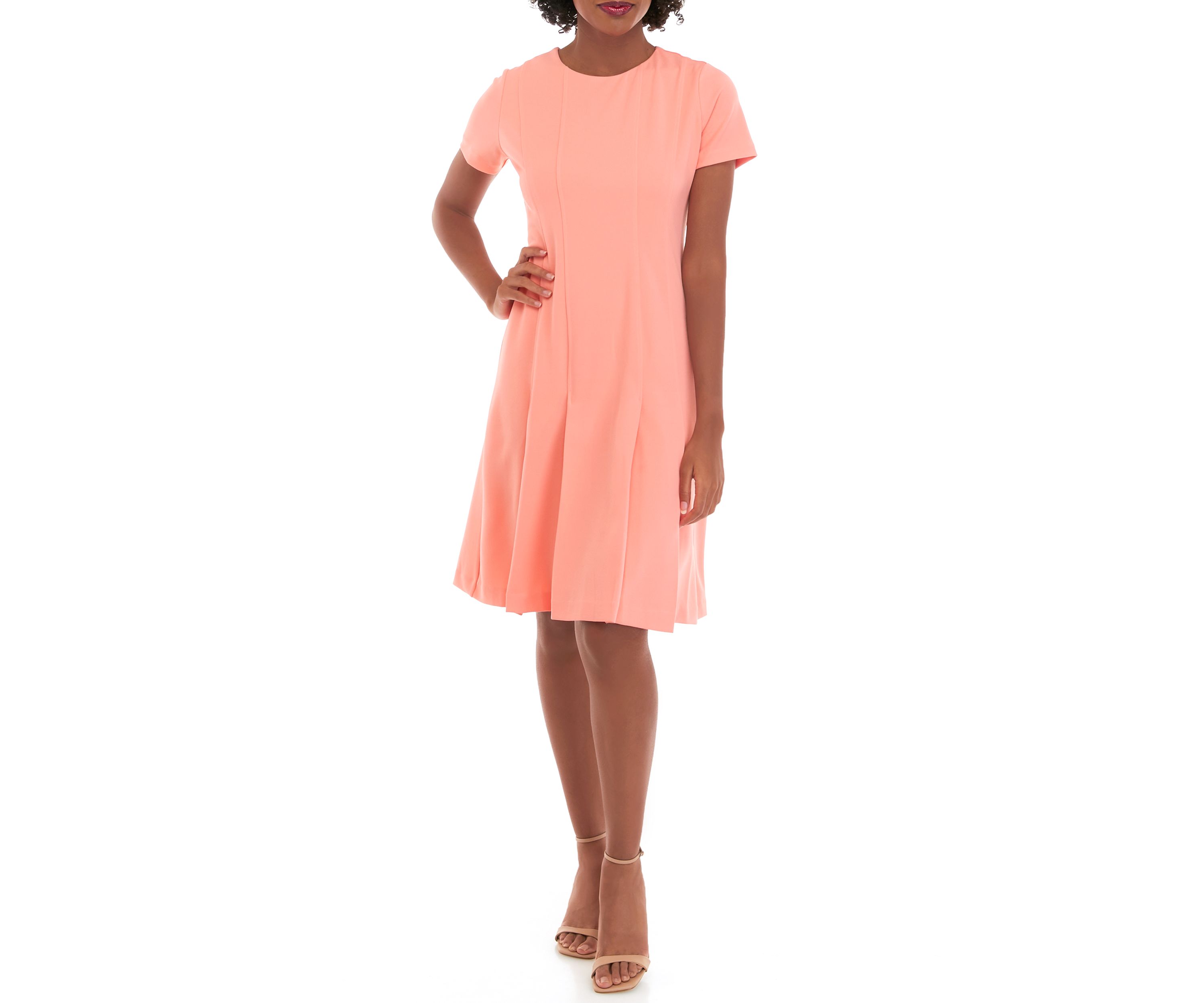 Womens Short Sleeve Solid Crepe Fit and Flare Dress