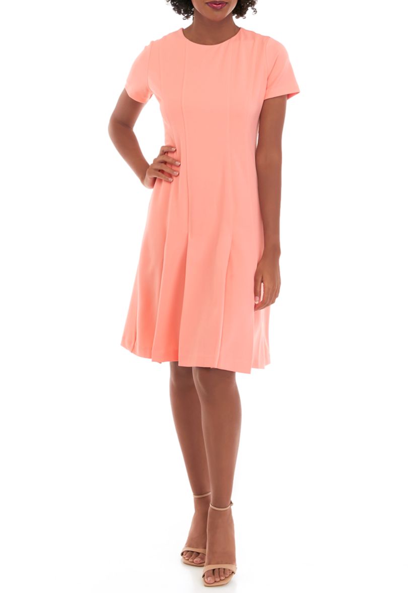 Womens Short Sleeve Solid Crepe Fit and Flare Dress