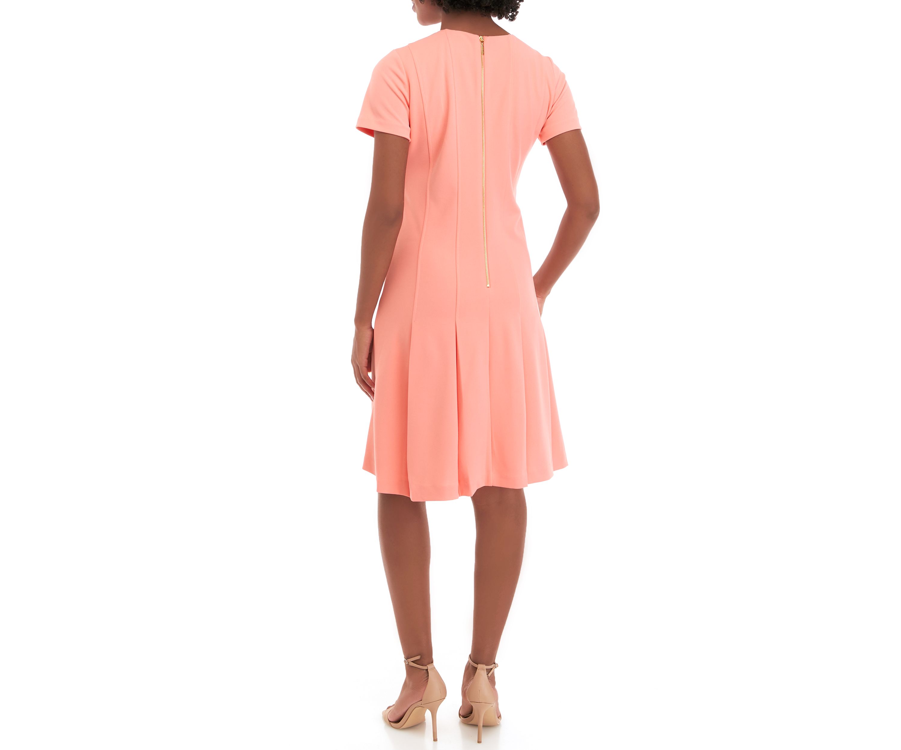 Womens Short Sleeve Solid Crepe Fit and Flare Dress