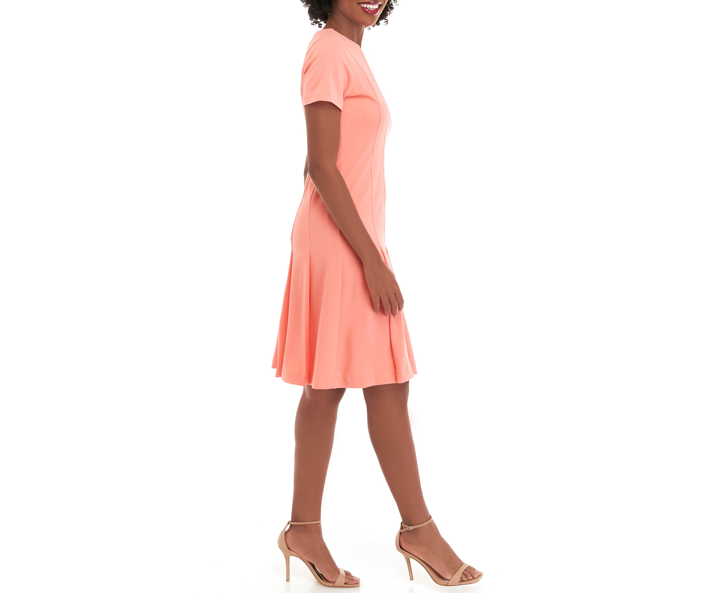 Womens Short Sleeve Solid Crepe Fit and Flare Dress