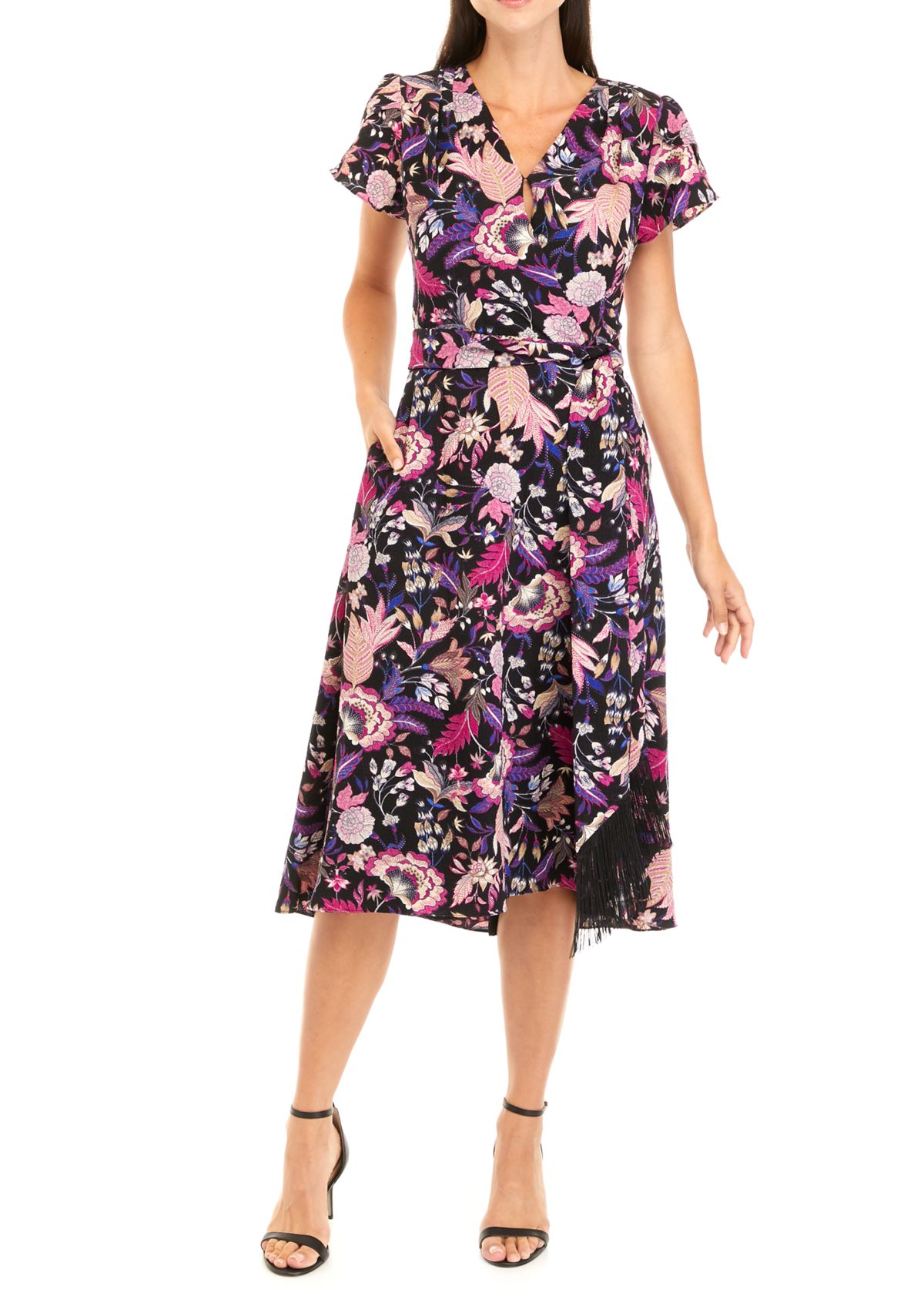 Womens Short Sleeve Floral Print Surplice Midi Dress