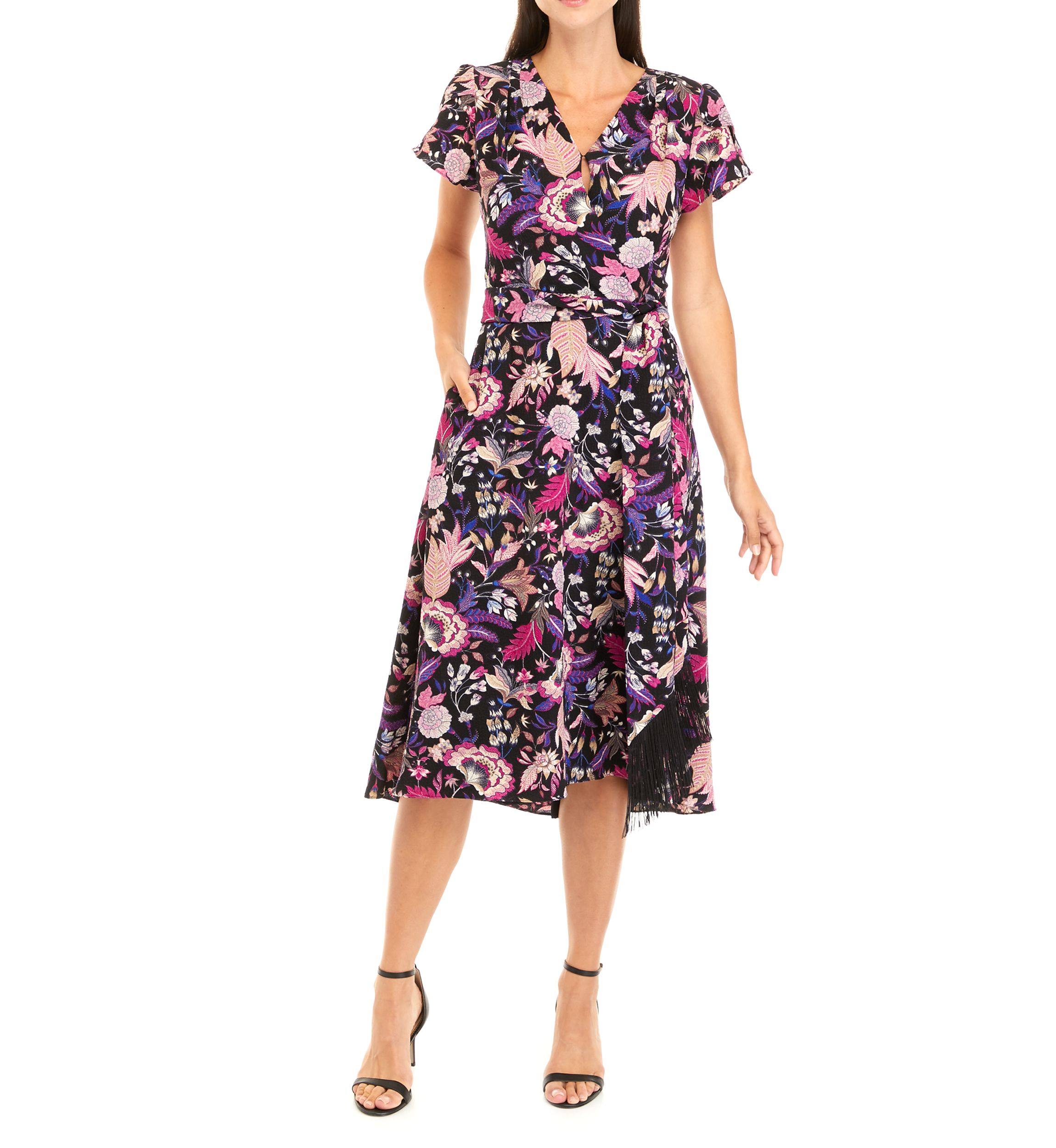 Womens Short Sleeve Floral Print Surplice Midi Dress