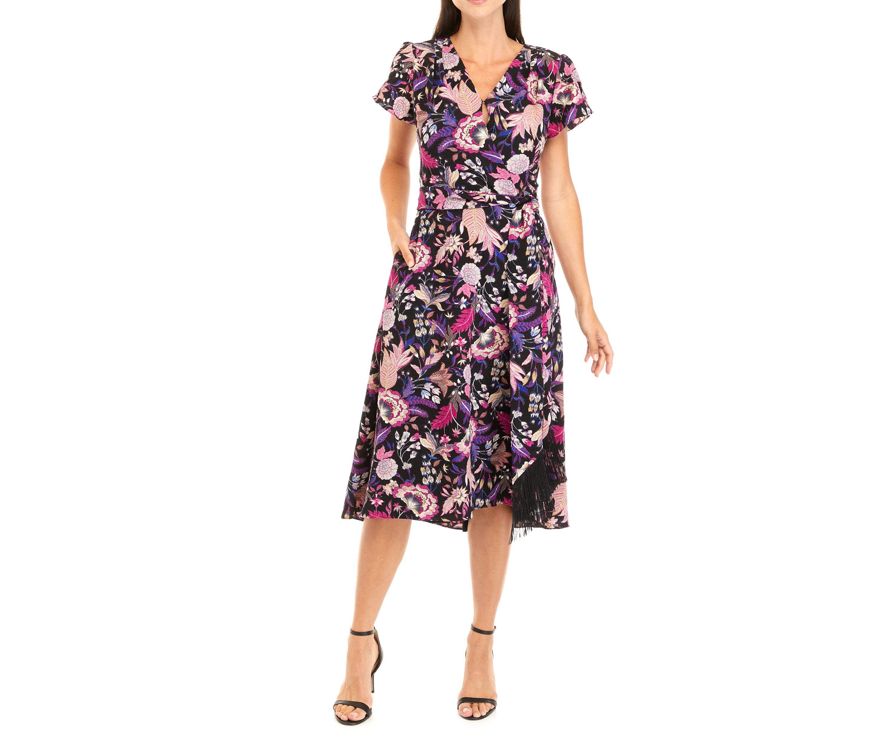 Womens Short Sleeve Floral Print Surplice Midi Dress