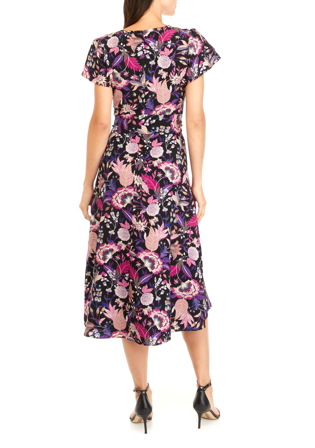 Womens Short Sleeve Floral Print Surplice Midi Dress