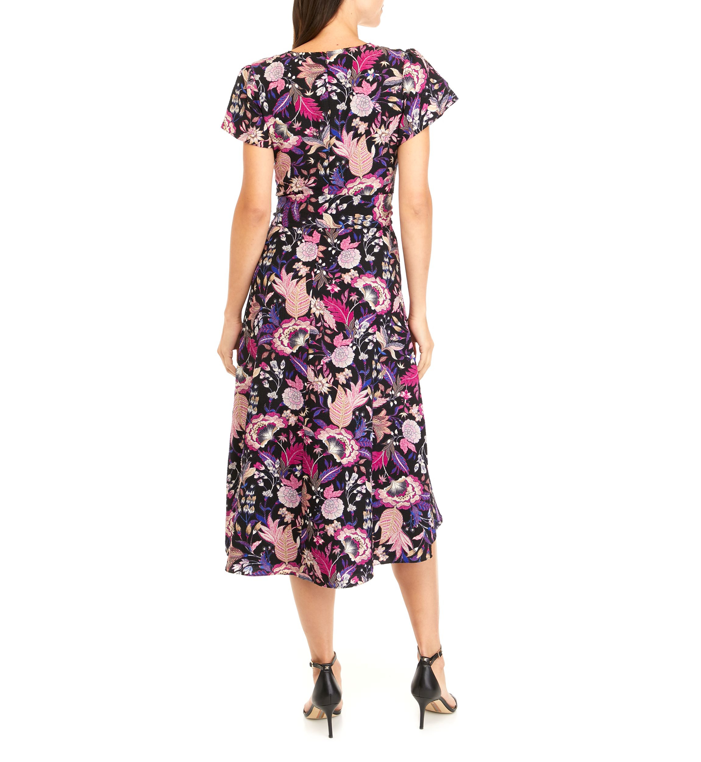 Womens Short Sleeve Floral Print Surplice Midi Dress