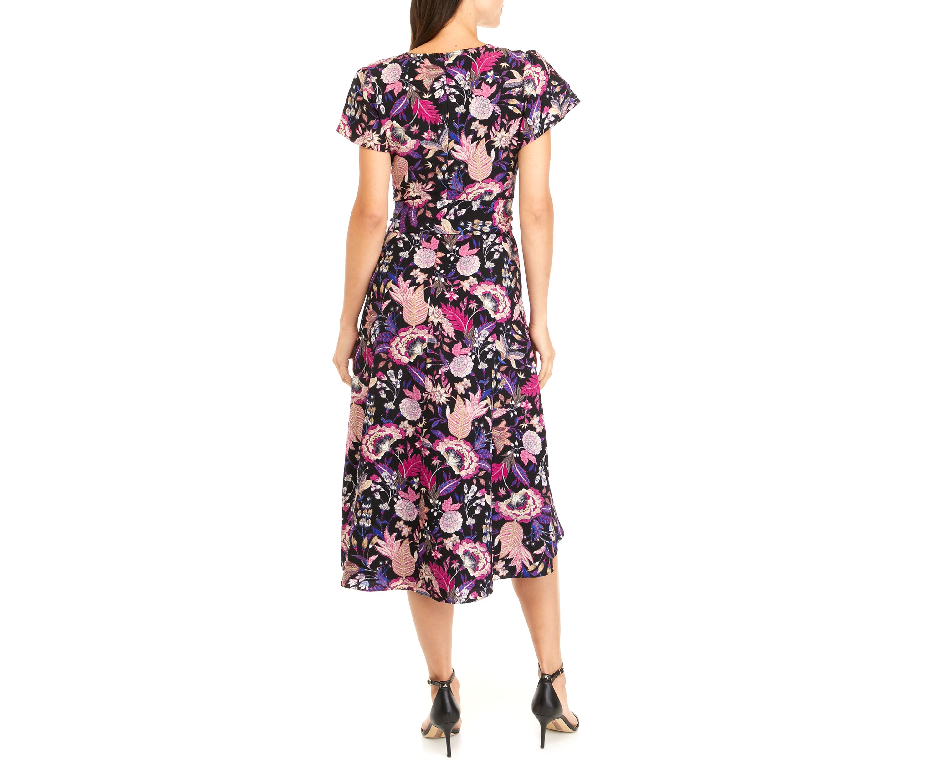 Womens Short Sleeve Floral Print Surplice Midi Dress