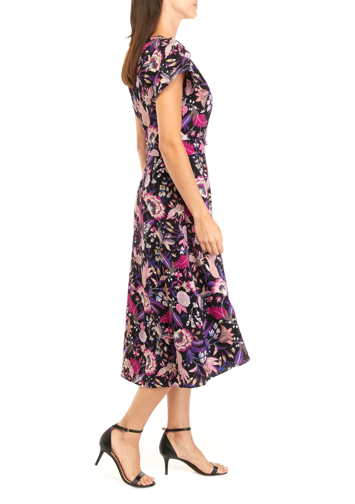 Womens Short Sleeve Floral Print Surplice Midi Dress