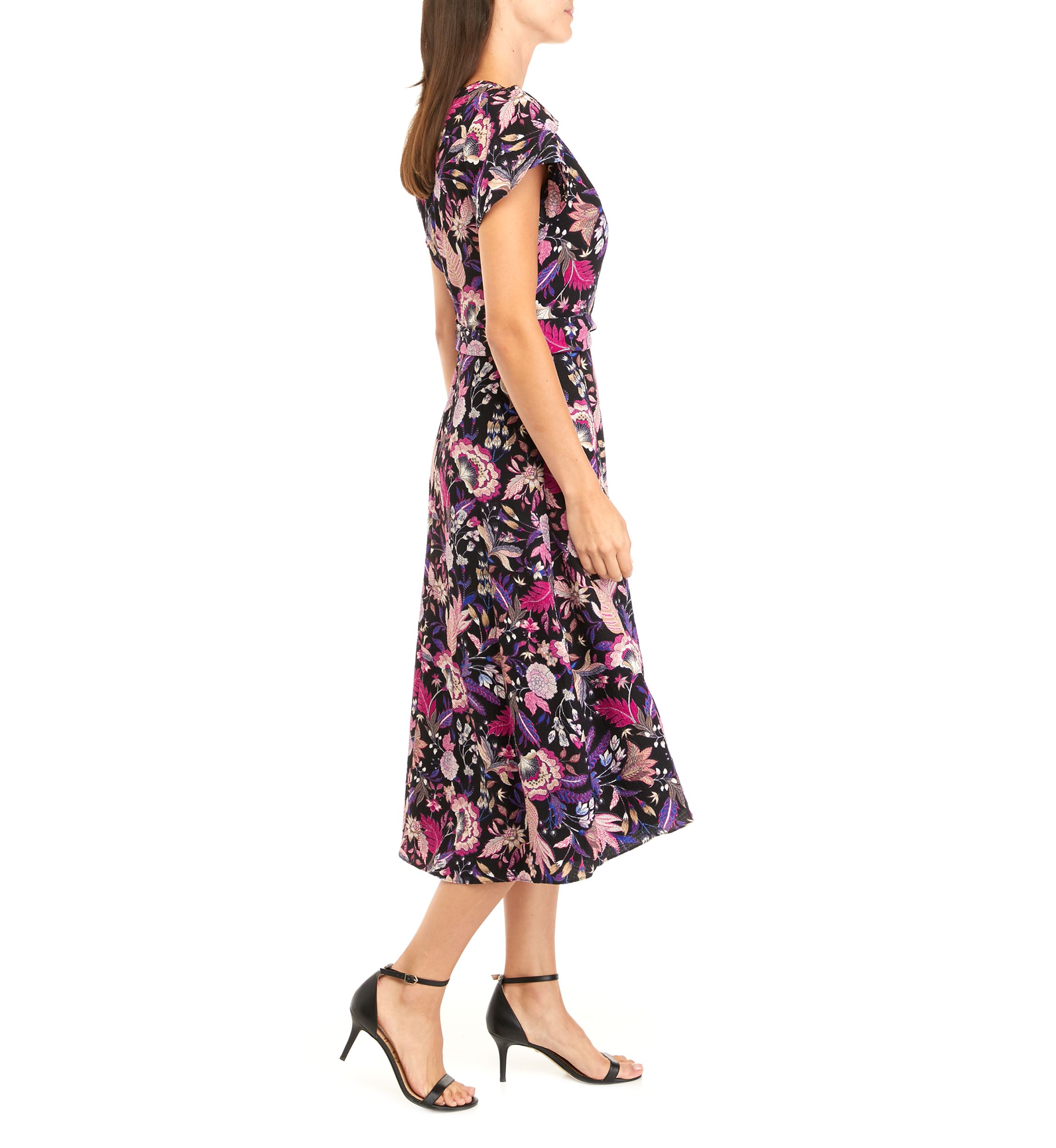 Womens Short Sleeve Floral Print Surplice Midi Dress