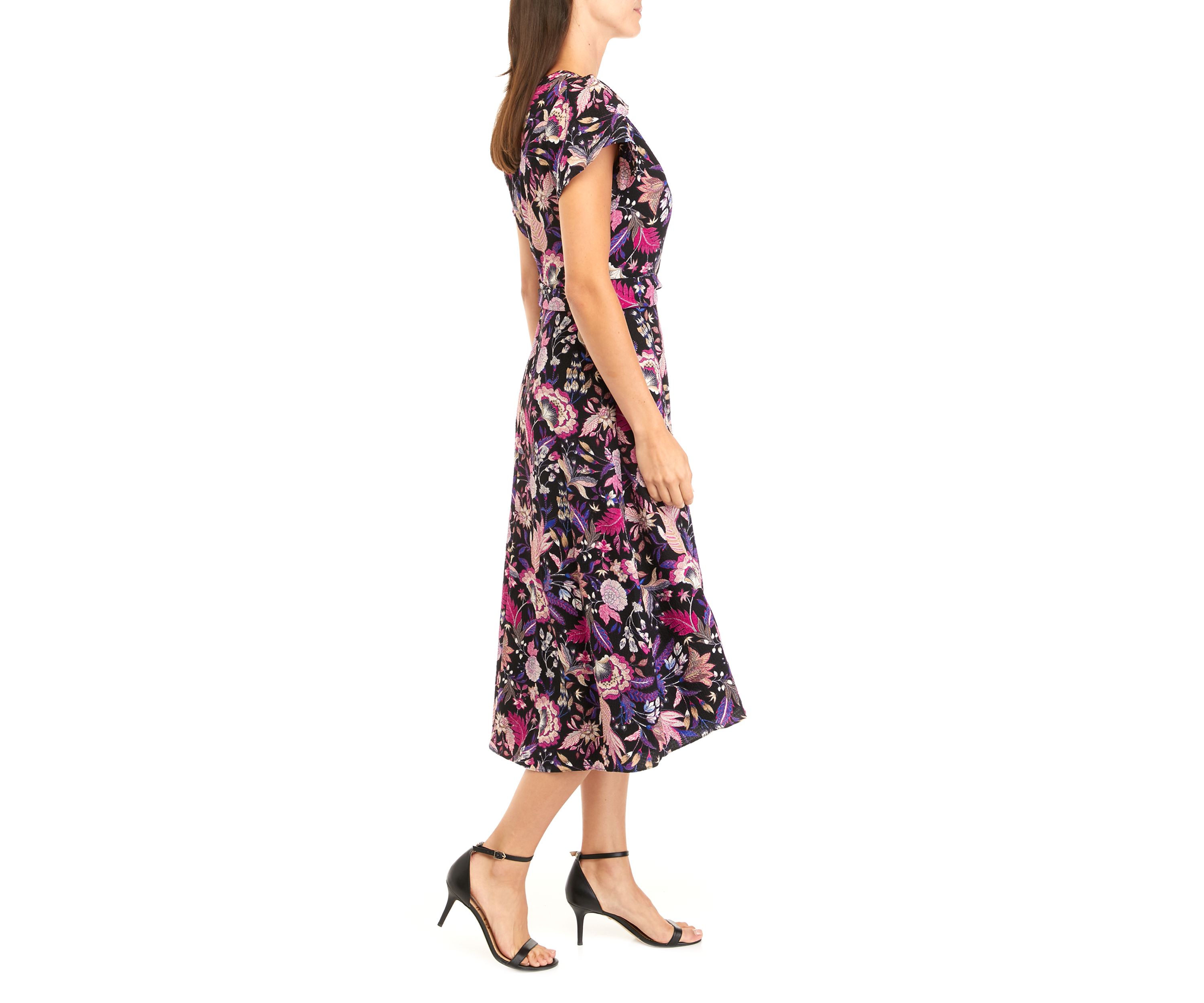 Womens Short Sleeve Floral Print Surplice Midi Dress