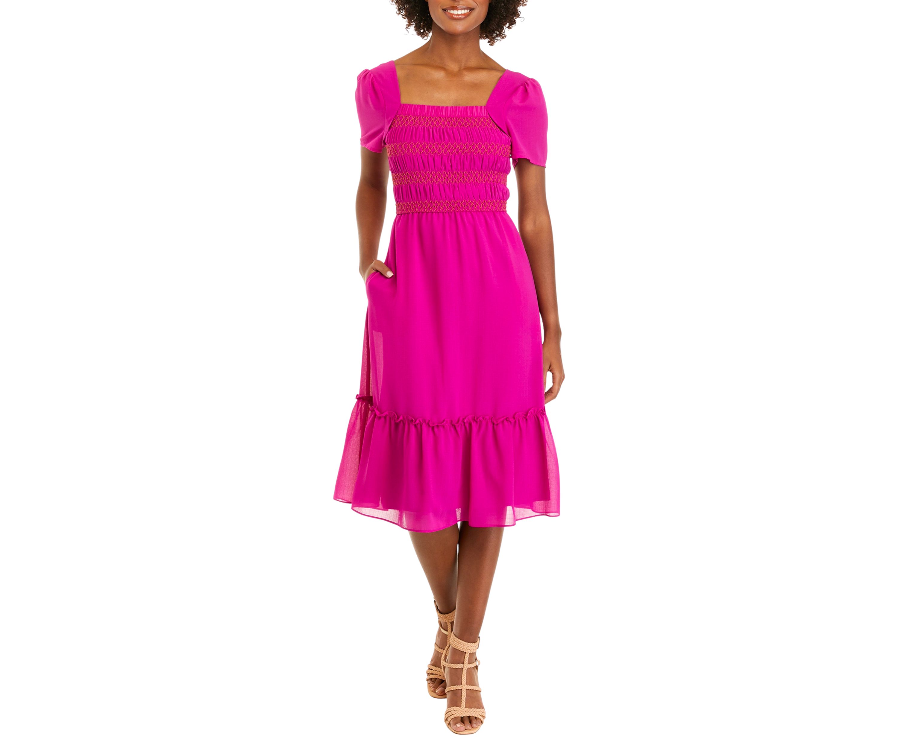 Womens Puff Sleeve Flounce Hem Dress