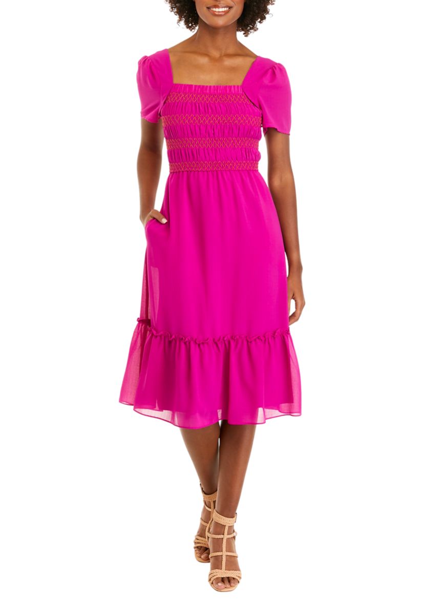 Womens Puff Sleeve Flounce Hem Dress