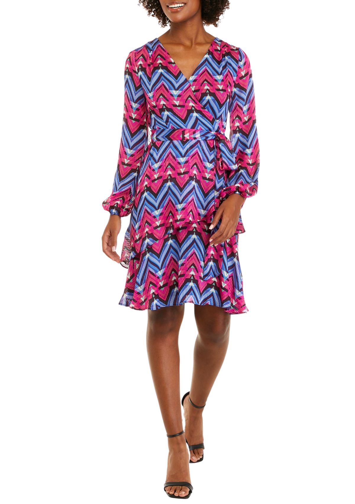 Womens Blouson Sleeve V-Neck Printed Dress
