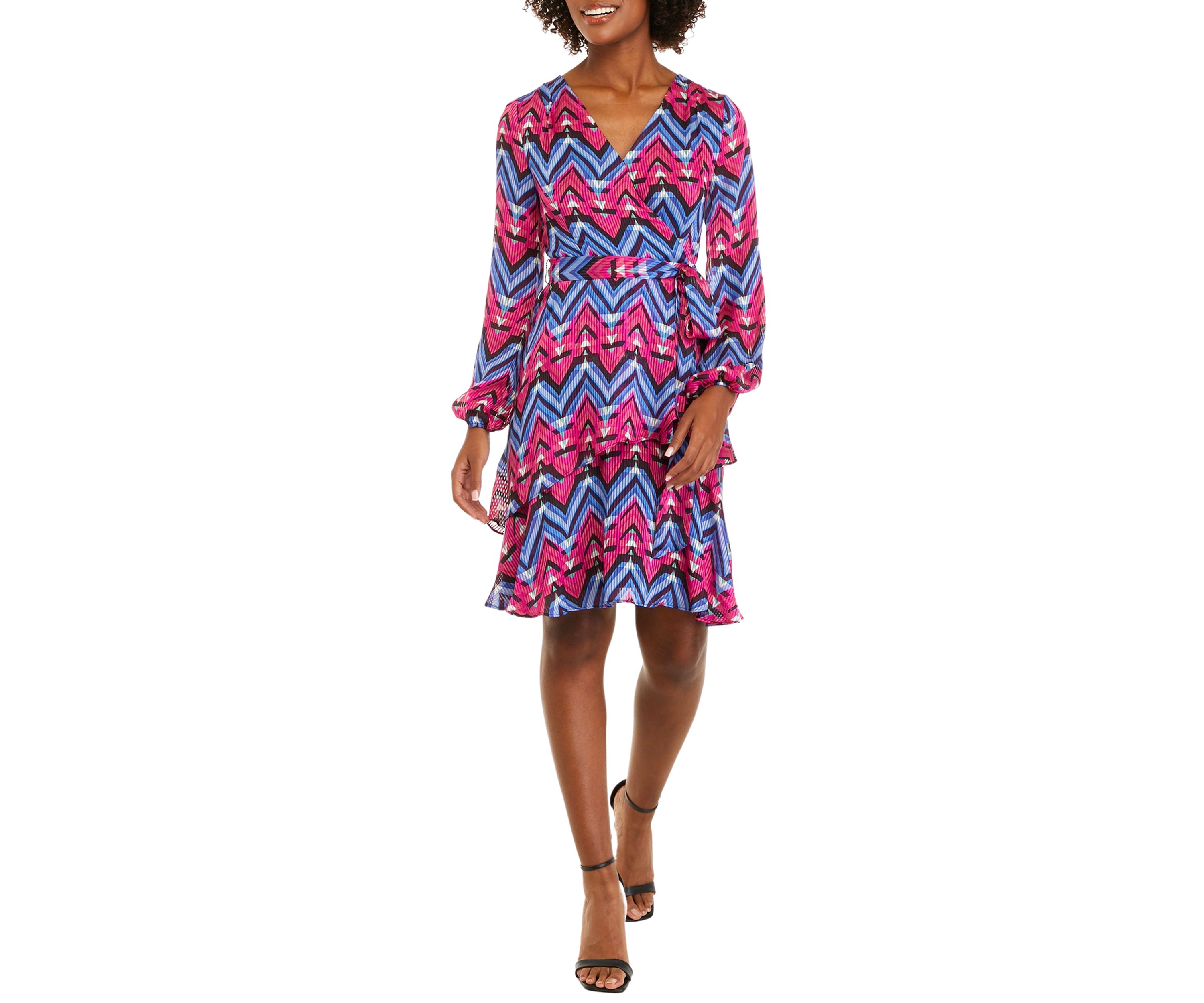 Womens Blouson Sleeve V-Neck Printed Dress