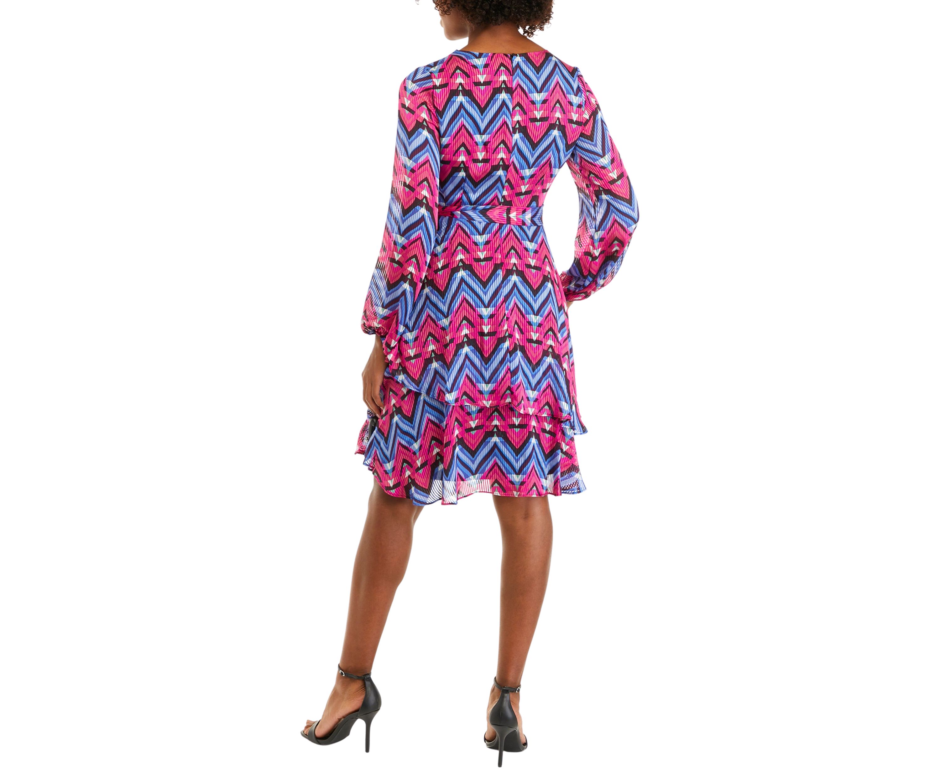 Womens Blouson Sleeve V-Neck Printed Dress