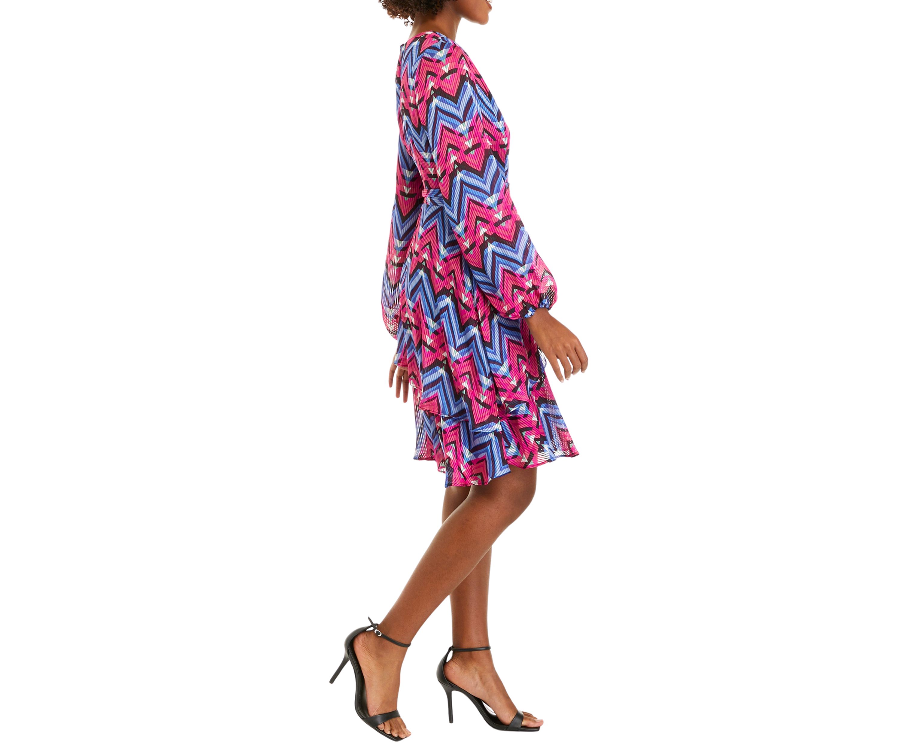 Womens Blouson Sleeve V-Neck Printed Dress