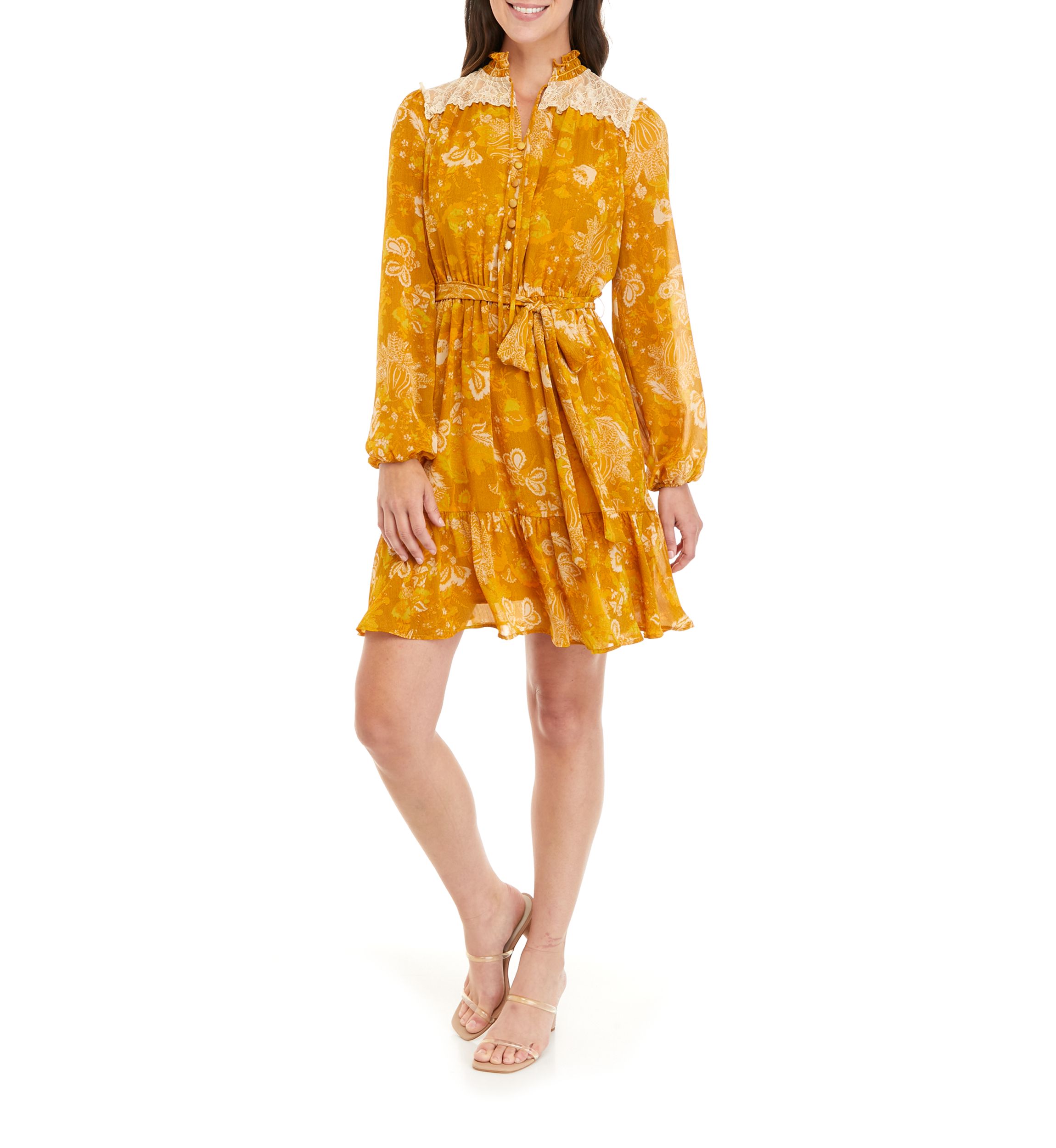 Womens Long Sleeve Button Front Tie Waist Printed Chiffon Dress