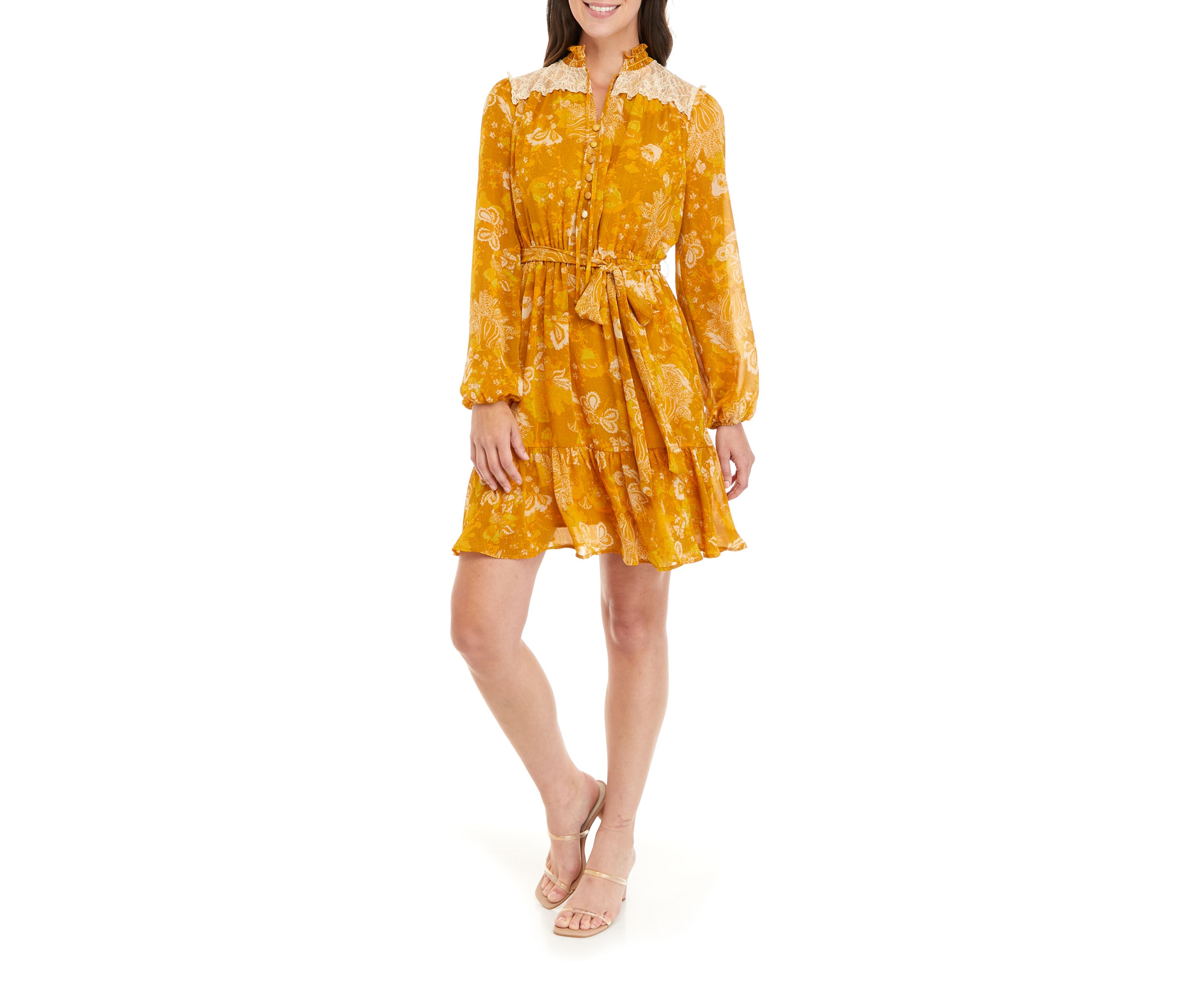 Womens Long Sleeve Button Front Tie Waist Printed Chiffon Dress