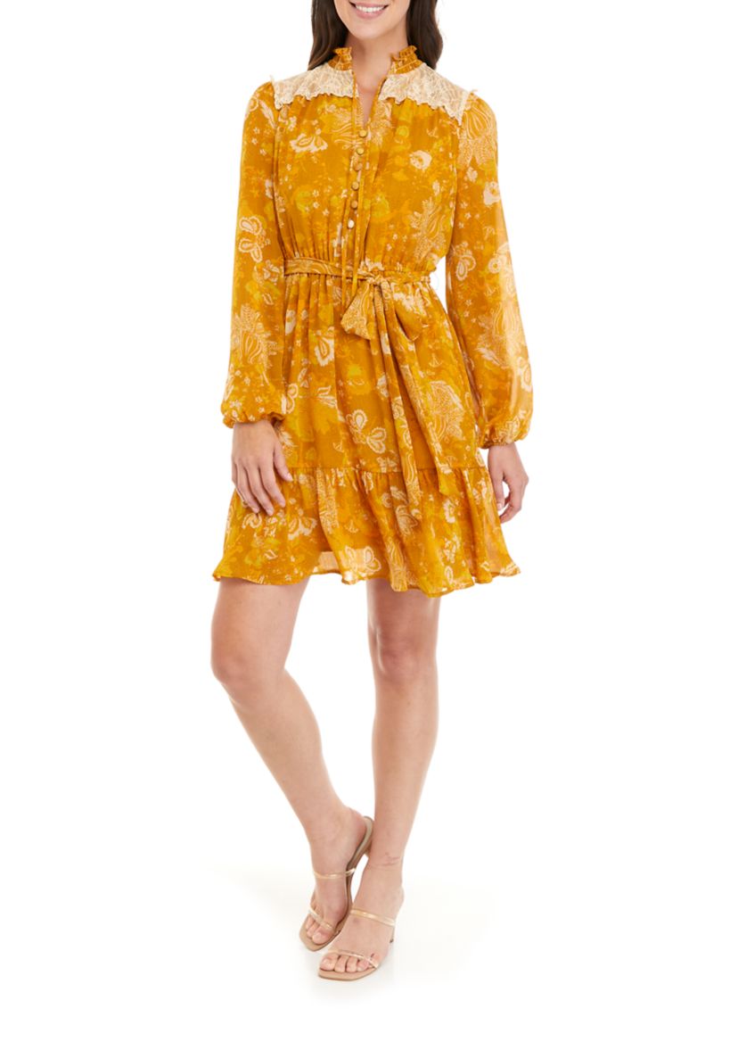 Womens Long Sleeve Button Front Tie Waist Printed Chiffon Dress
