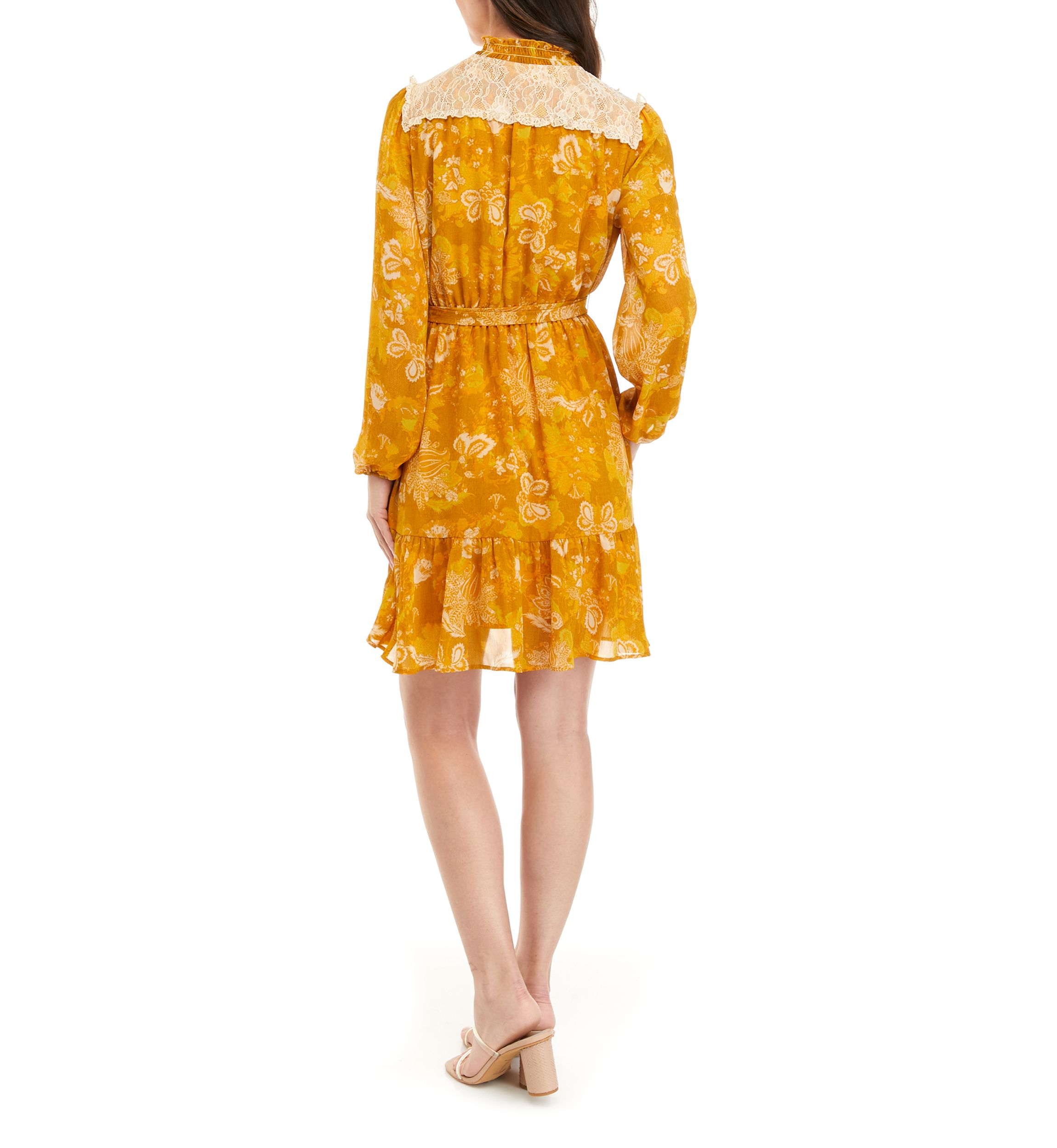 Womens Long Sleeve Button Front Tie Waist Printed Chiffon Dress