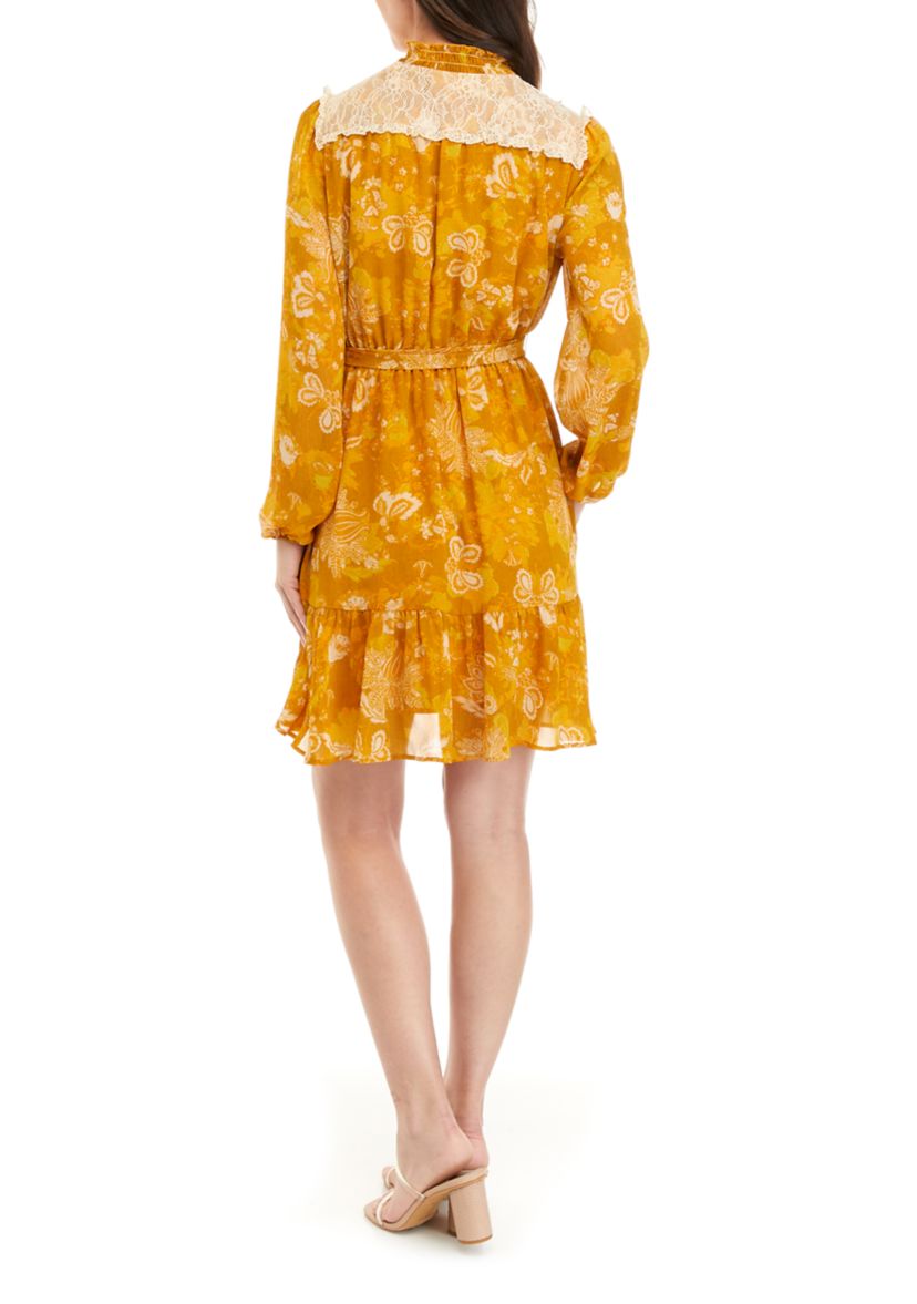 Womens Long Sleeve Button Front Tie Waist Printed Chiffon Dress