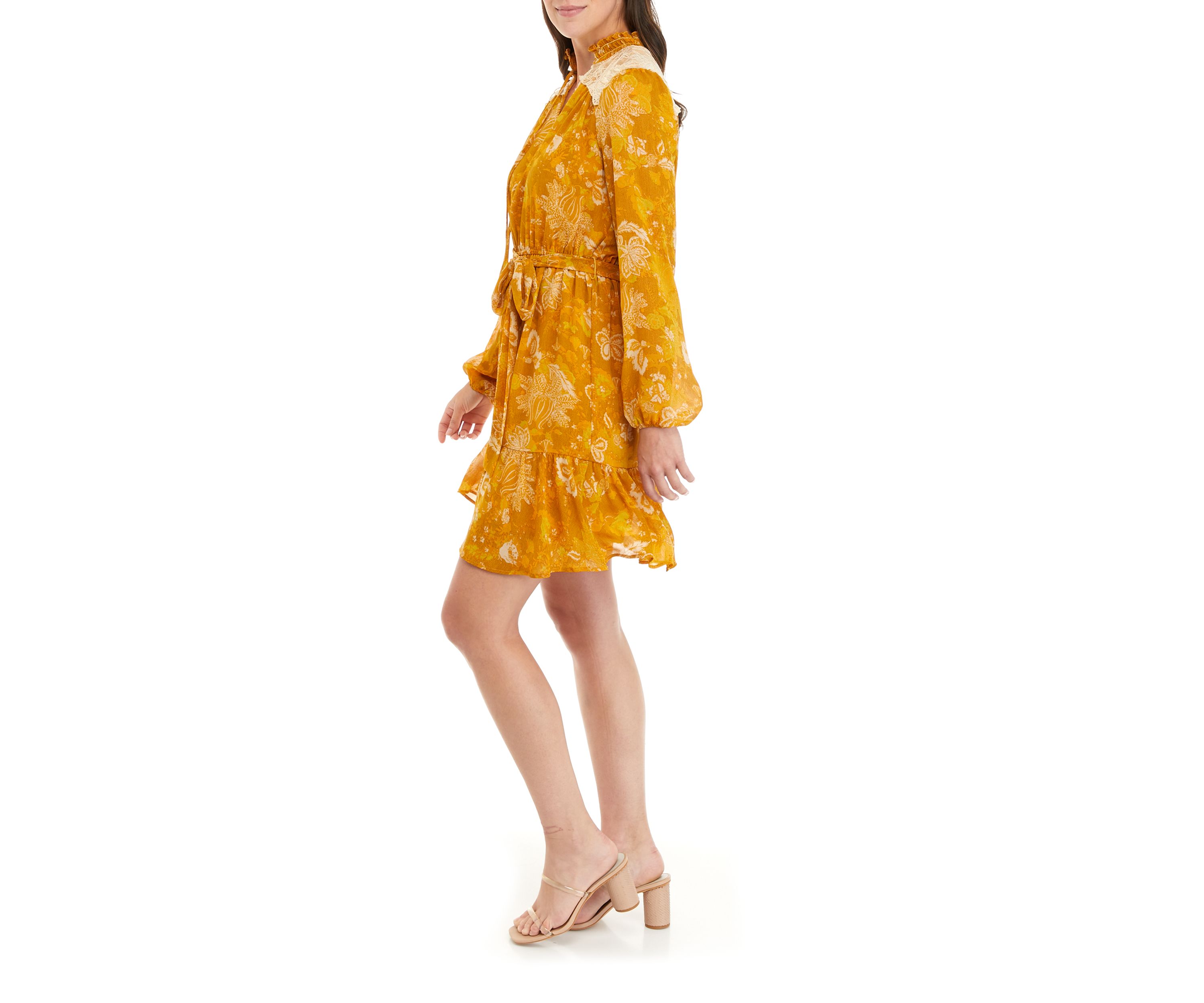 Womens Long Sleeve Button Front Tie Waist Printed Chiffon Dress