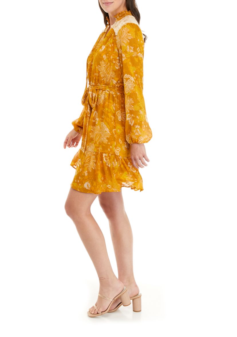 Womens Long Sleeve Button Front Tie Waist Printed Chiffon Dress