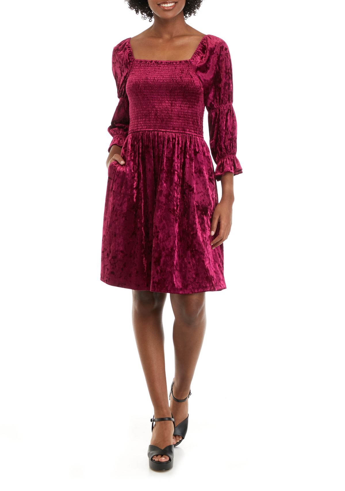 Womens Puff Sleeve Square Neck Smocked Dress