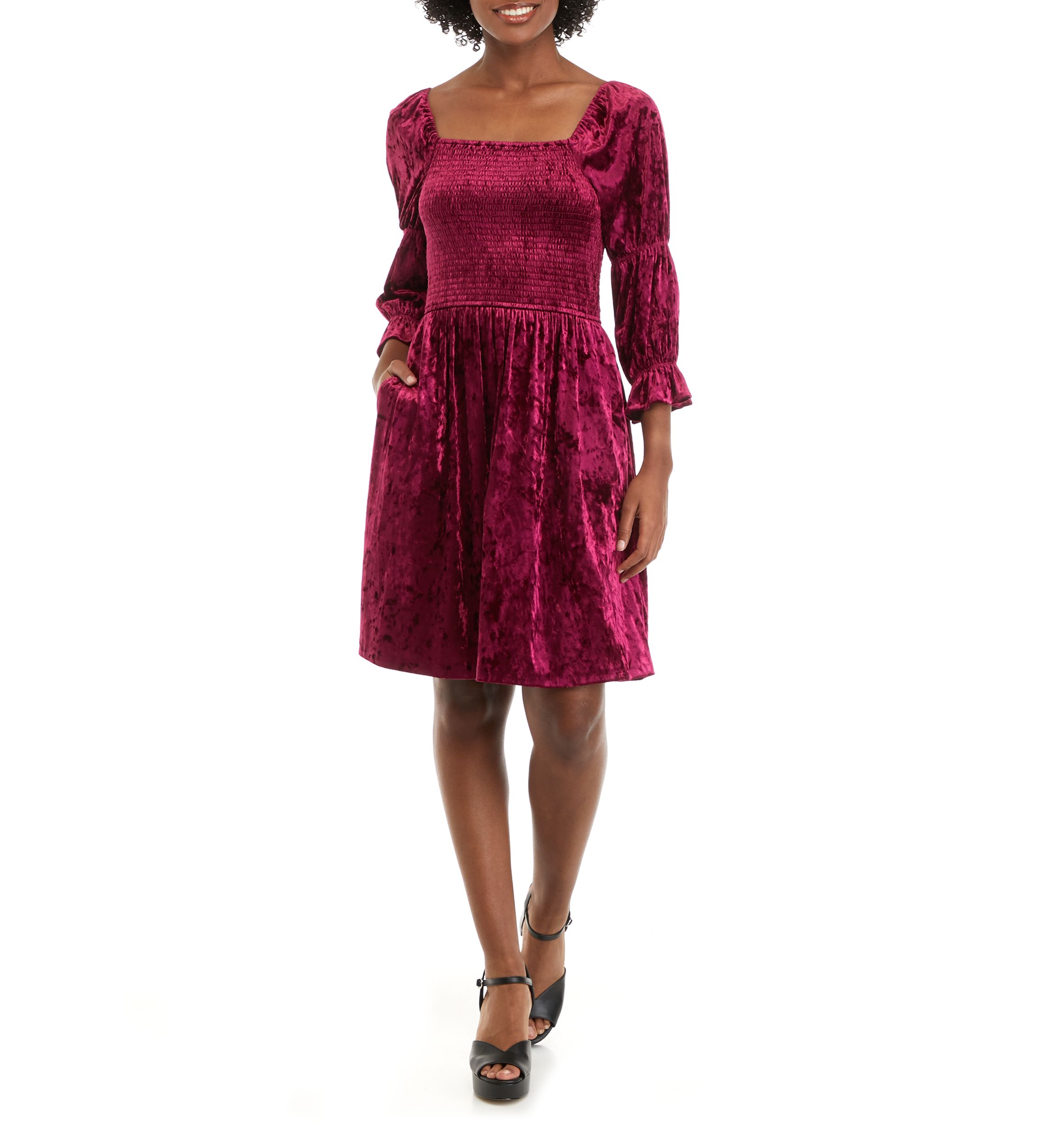 Womens Puff Sleeve Square Neck Smocked Dress