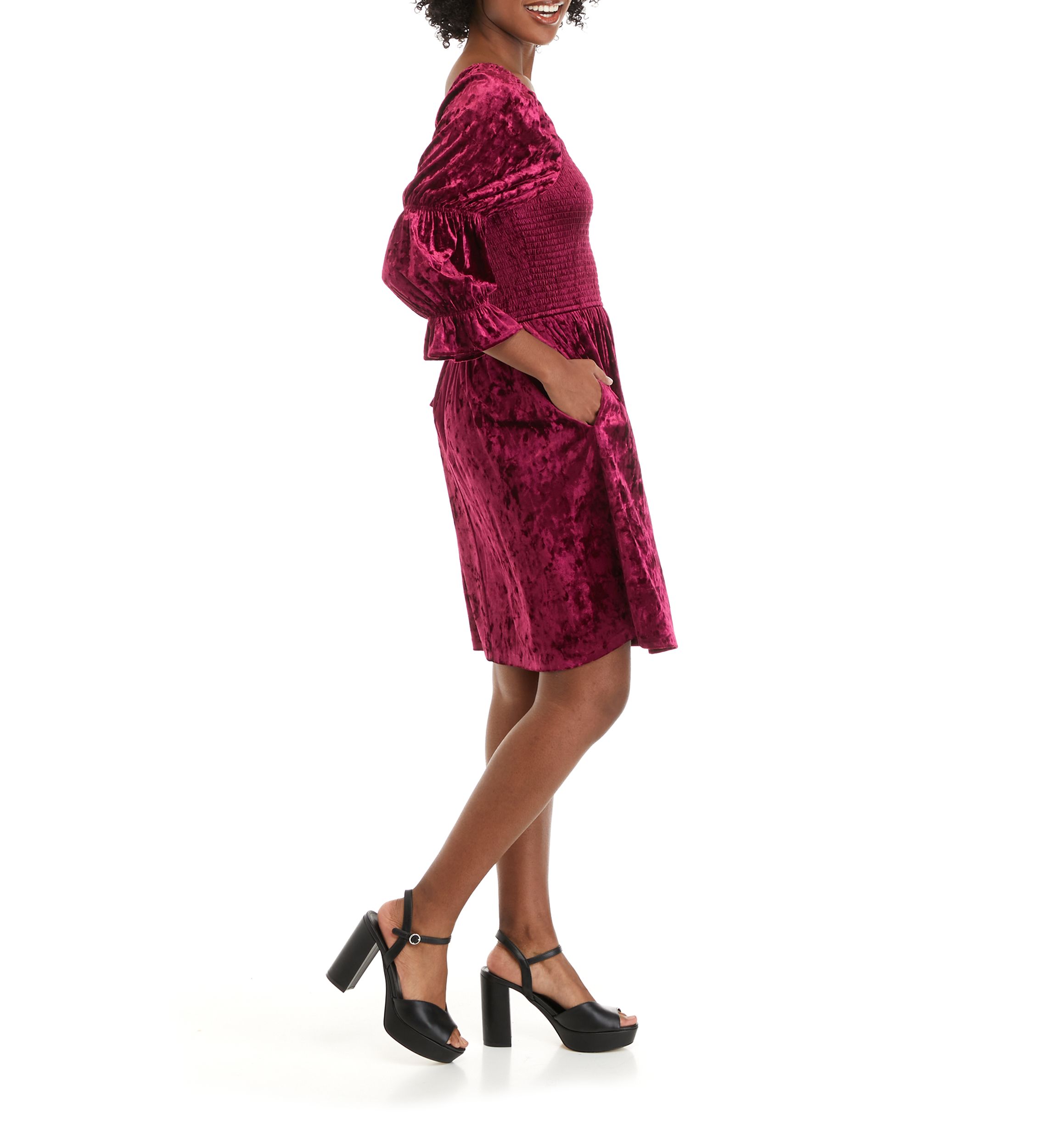 Womens Puff Sleeve Square Neck Smocked Dress